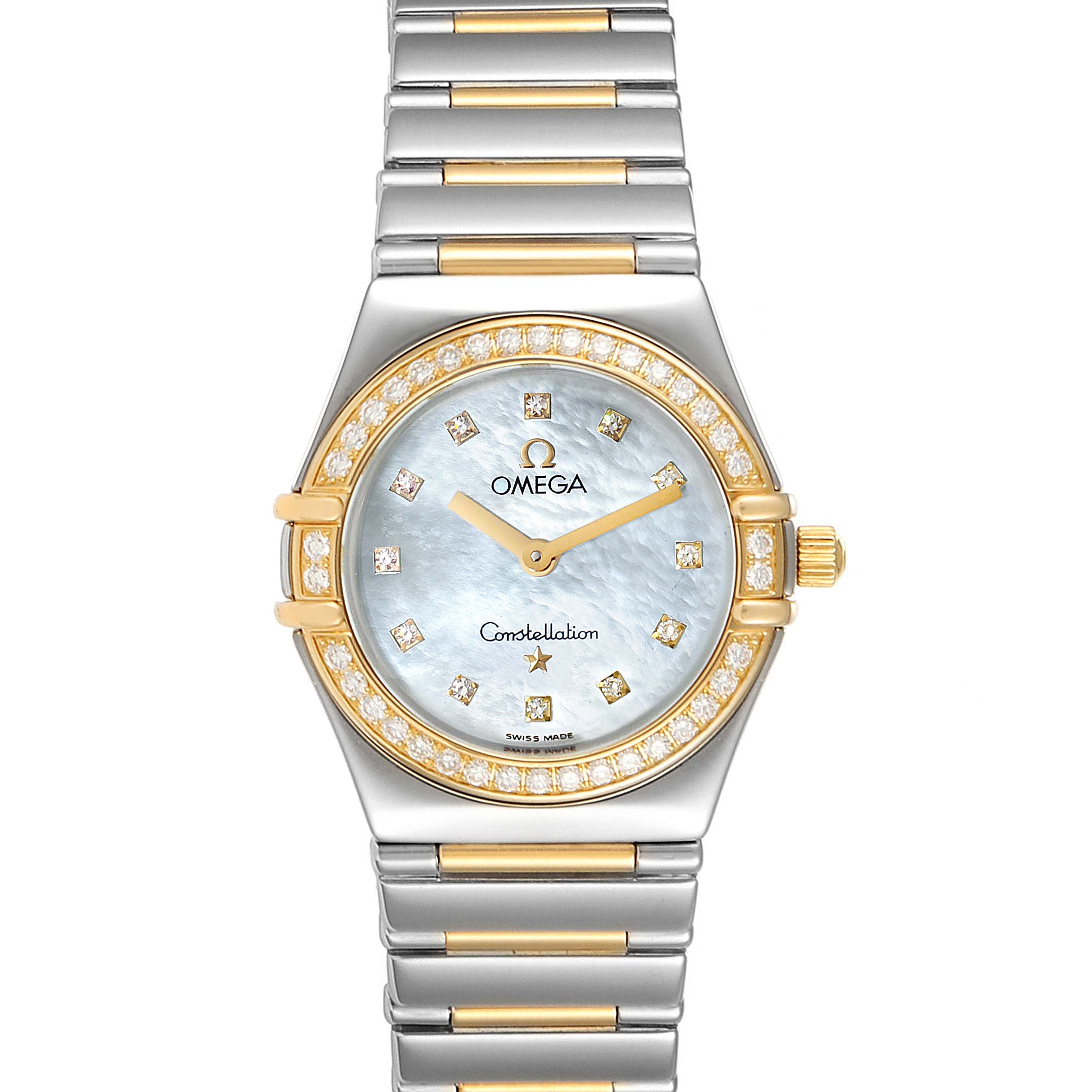 The image shows a front view of the Omega 1376.71.00 Women's Steel and Gold (two tone) Mother of Pearl Dial 1376.71.00 Women's Steel and Gold (two tone) Mother of Pearl Dial Constellation My Choice Steel Yellow Gold Diamond Watch 1376.71.00, highlighting the face and band.