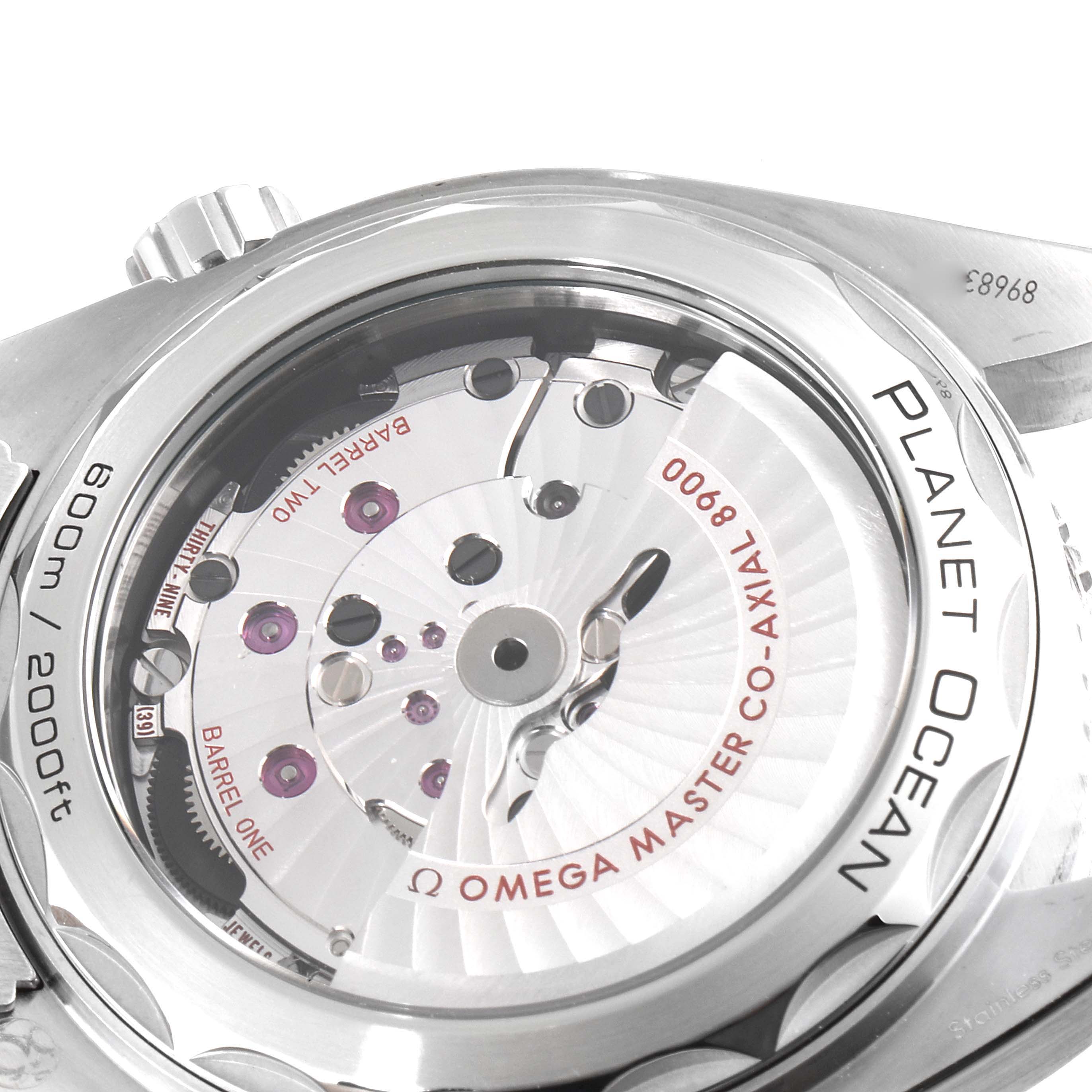 The image shows the back view of the Omega Planet Ocean 215.30.44.21.01.002 Men's Stainless Steel Black Dial 215.30.44.21.01.002 Men's Stainless Steel Black Dial watch, revealing its inner mechanical movements and inscriptions.