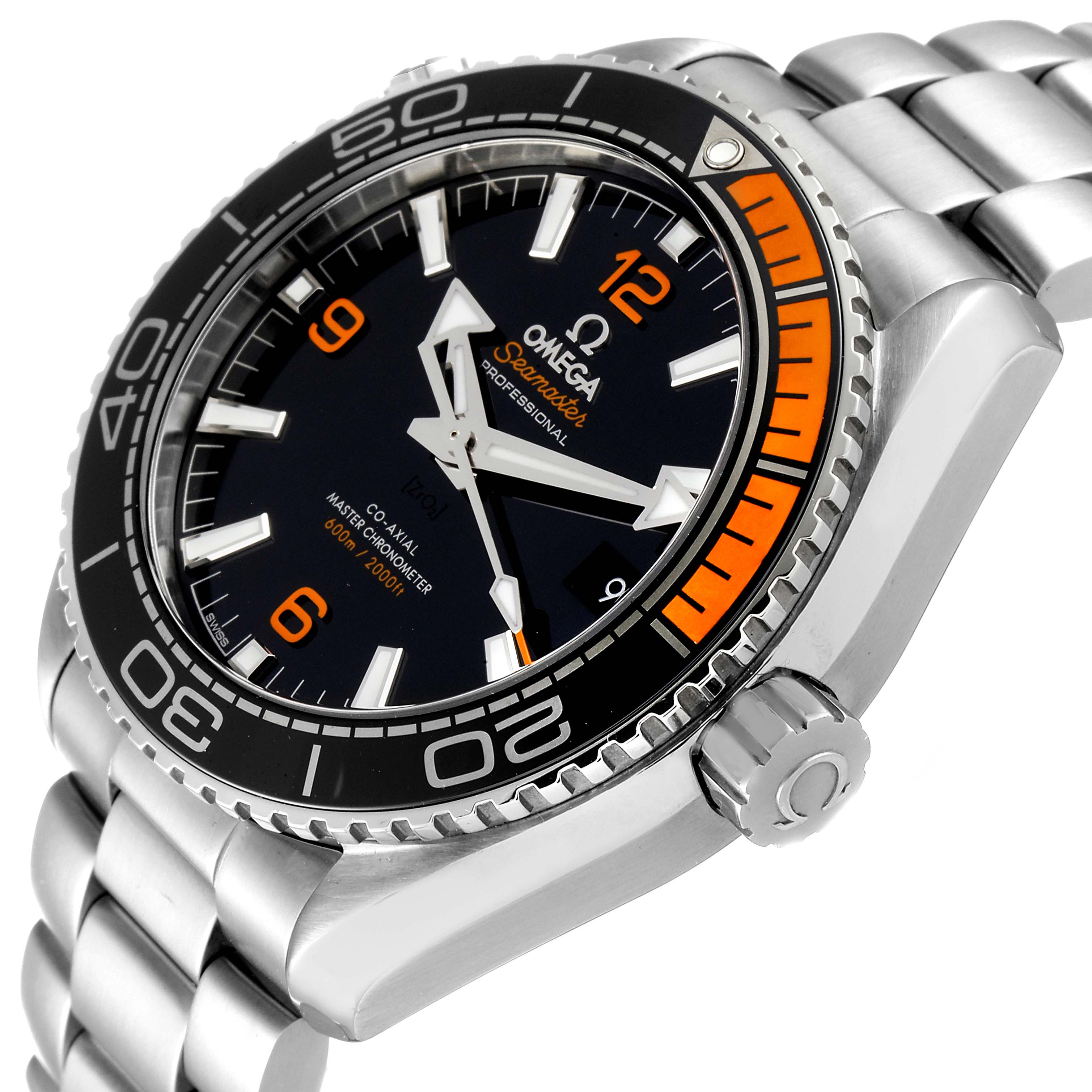 This Omega Planet Ocean 215.30.44.21.01.002 Men's Stainless Steel Black Dial 215.30.44.21.01.002 Men's Stainless Steel Black Dial watch is shown at a slight side angle, highlighting the dial, bezel, and bracelet.
