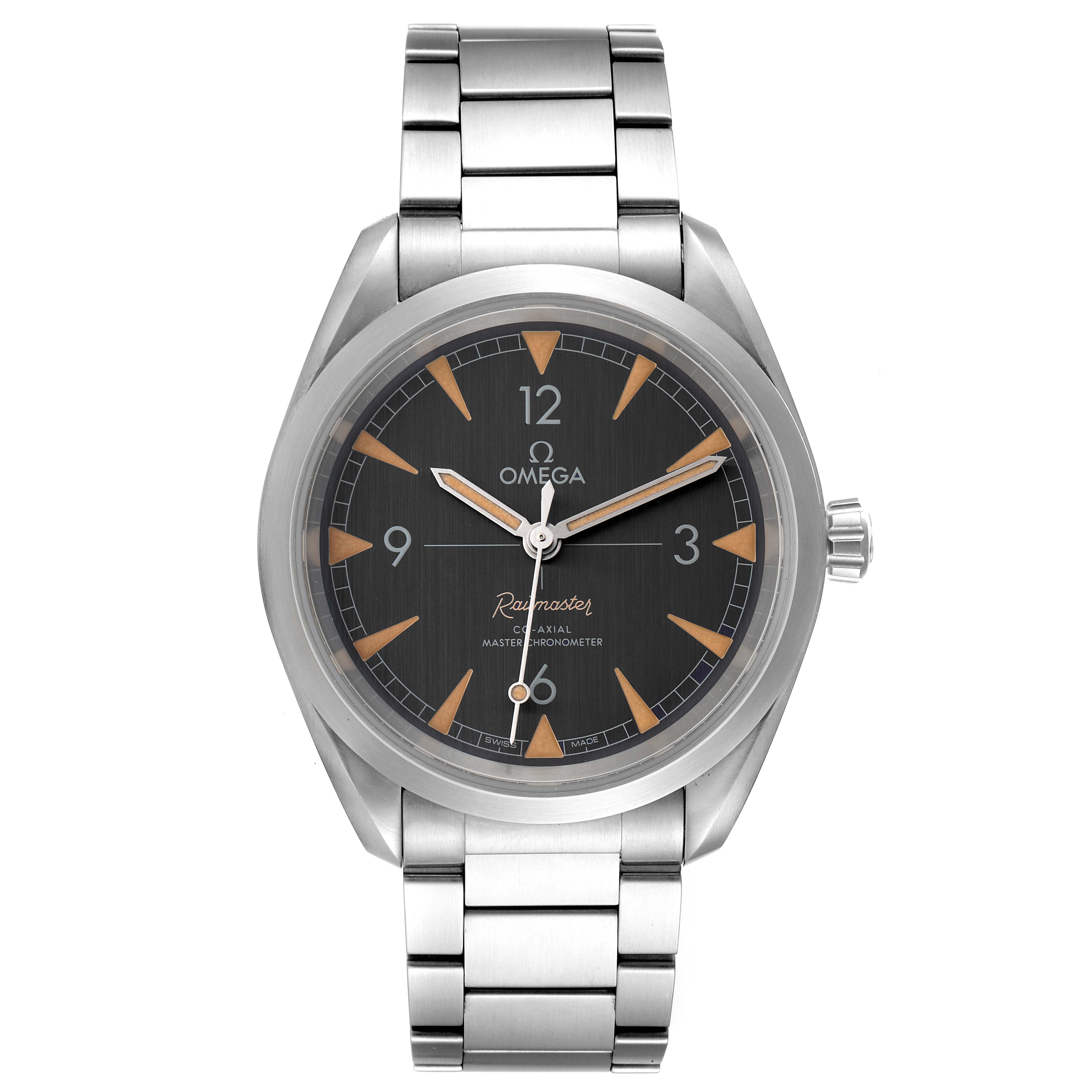 This image shows the front view of the Omega Aqua Terra 220.10.40.20.01.001 Men's Stainless Steel Black Dial 220.10.40.20.01.001 Men's Stainless Steel Black Dial watch, highlighting the face, bezel, crown, and bracelet.