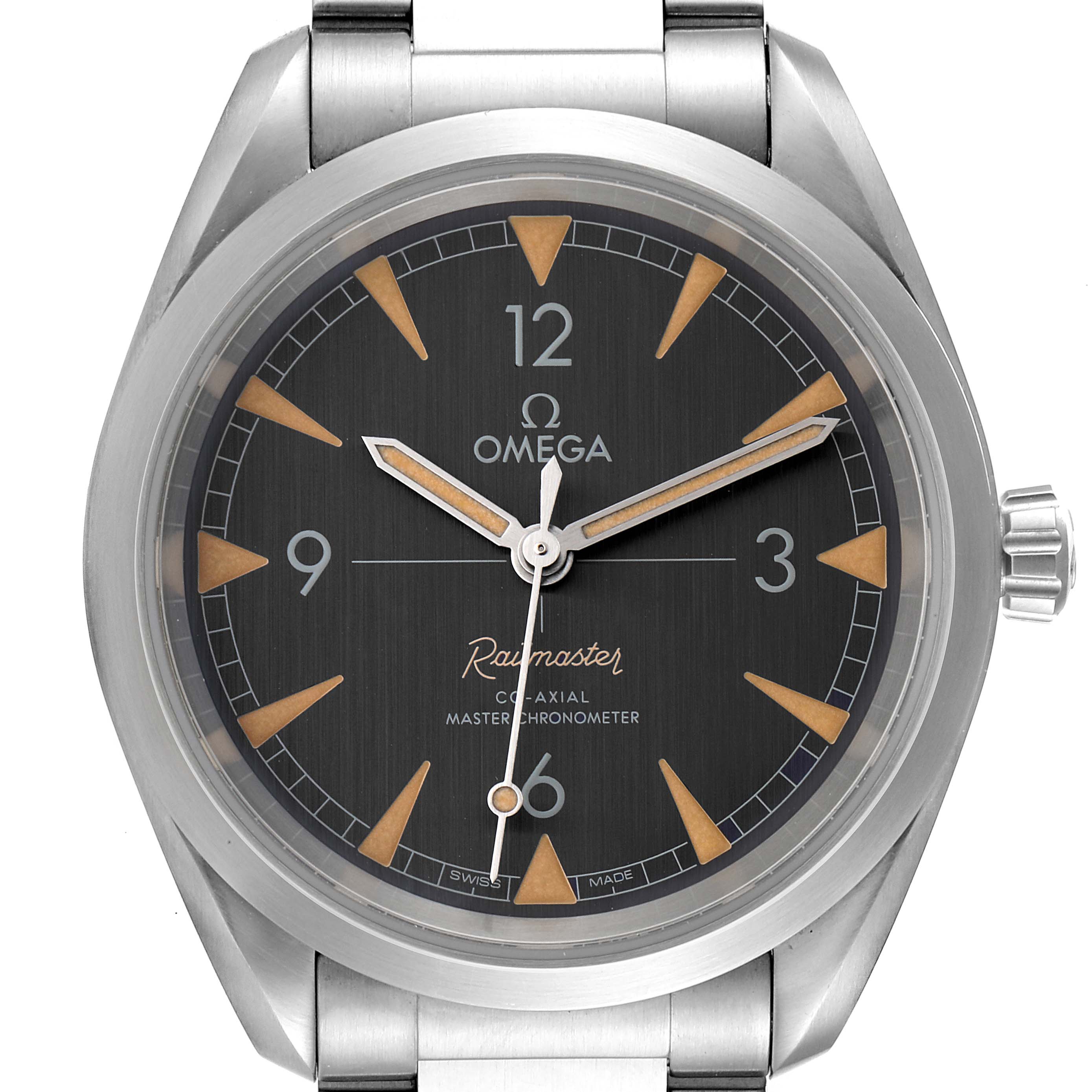 The Omega Aqua Terra 220.10.40.20.01.001 Men's Stainless Steel Black Dial 220.10.40.20.01.001 Men's Stainless Steel Black Dial watch is shown from a front angle, displaying the dial, hands, and part of the metal bracelet.