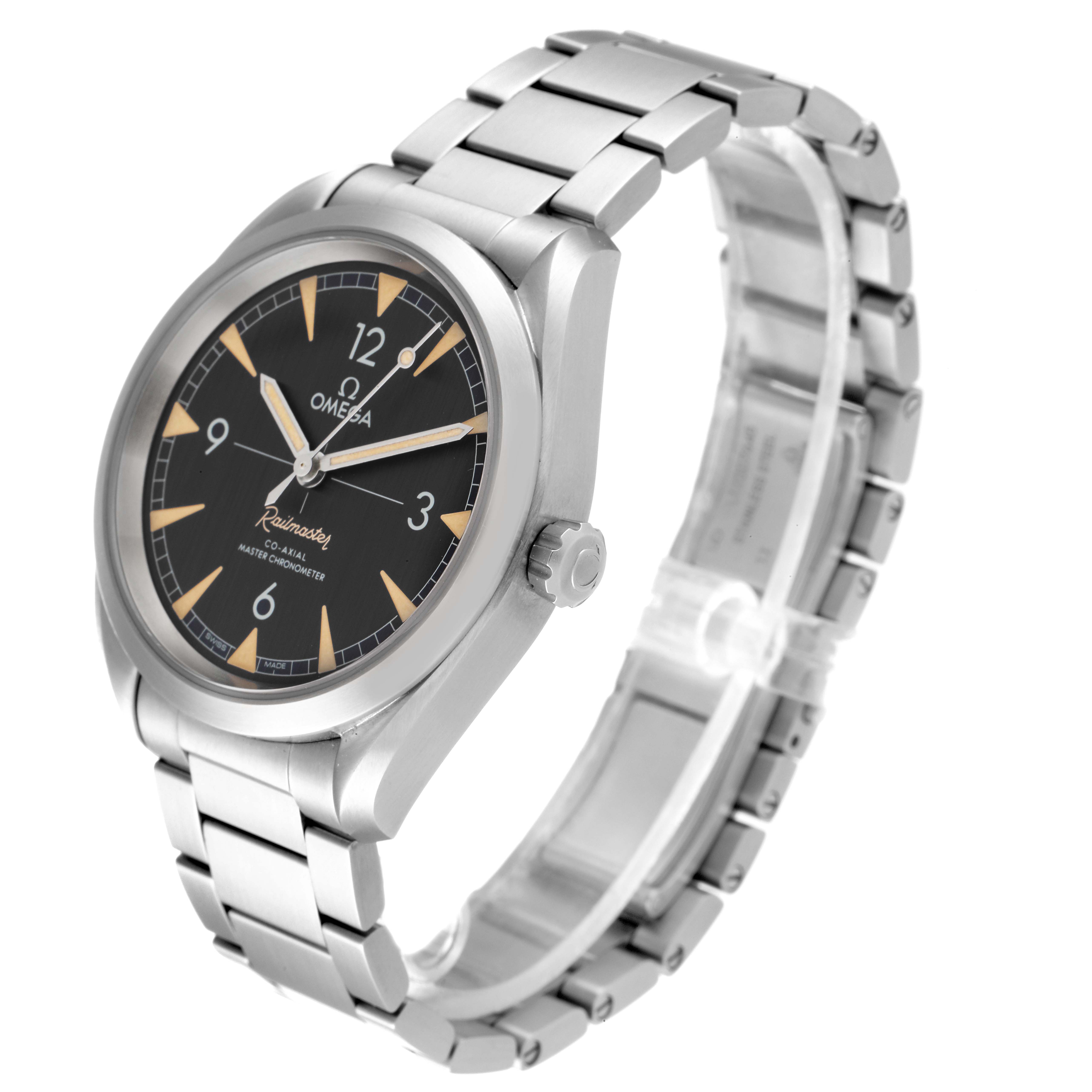 The Omega Aqua Terra 220.10.40.20.01.001 Men's Stainless Steel Black Dial 220.10.40.20.01.001 Men's Stainless Steel Black Dial watch is shown in a three-quarter view, highlighting its dial, bracelet, and crown.