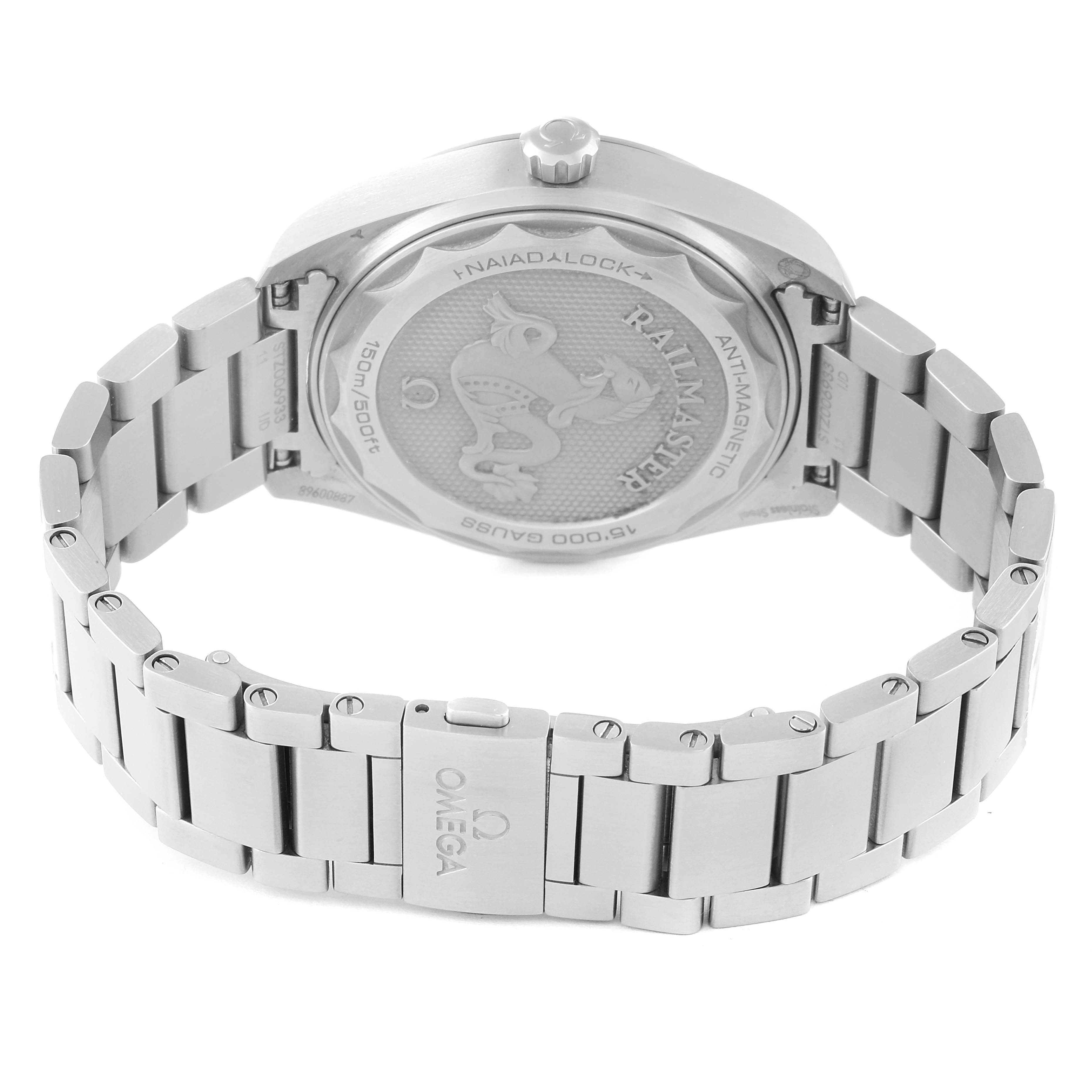 The image shows the backside and bracelet of the Omega Aqua Terra 220.10.40.20.01.001 Men's Stainless Steel Black Dial 220.10.40.20.01.001 Men's Stainless Steel Black Dial watch, highlighting the clasp and case back design.