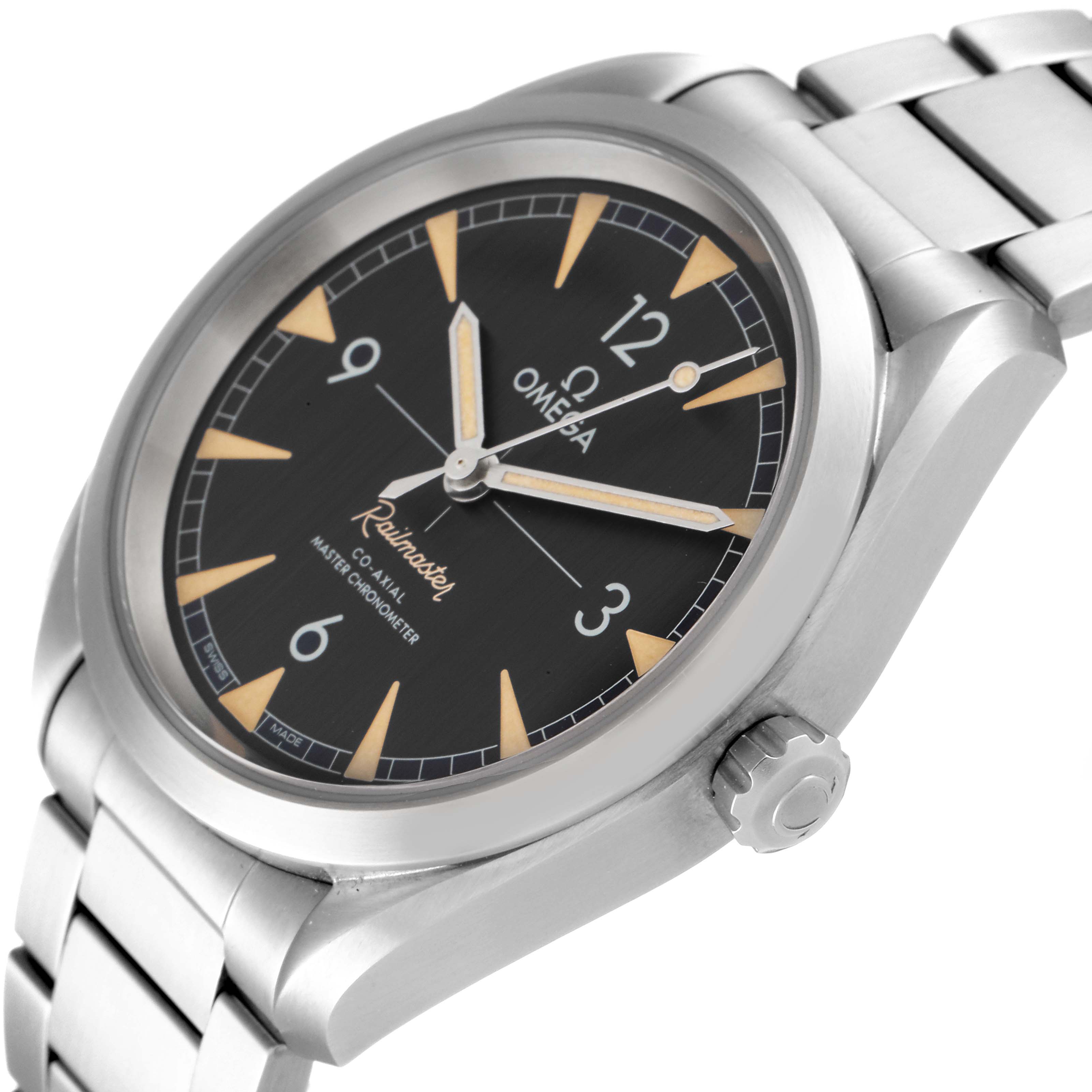 The image shows an Omega Aqua Terra 220.10.40.20.01.001 Men's Stainless Steel Black Dial 220.10.40.20.01.001 Men's Stainless Steel Black Dial watch at a slight side angle, highlighting its dial, hands, crown, and part of the bracelet.