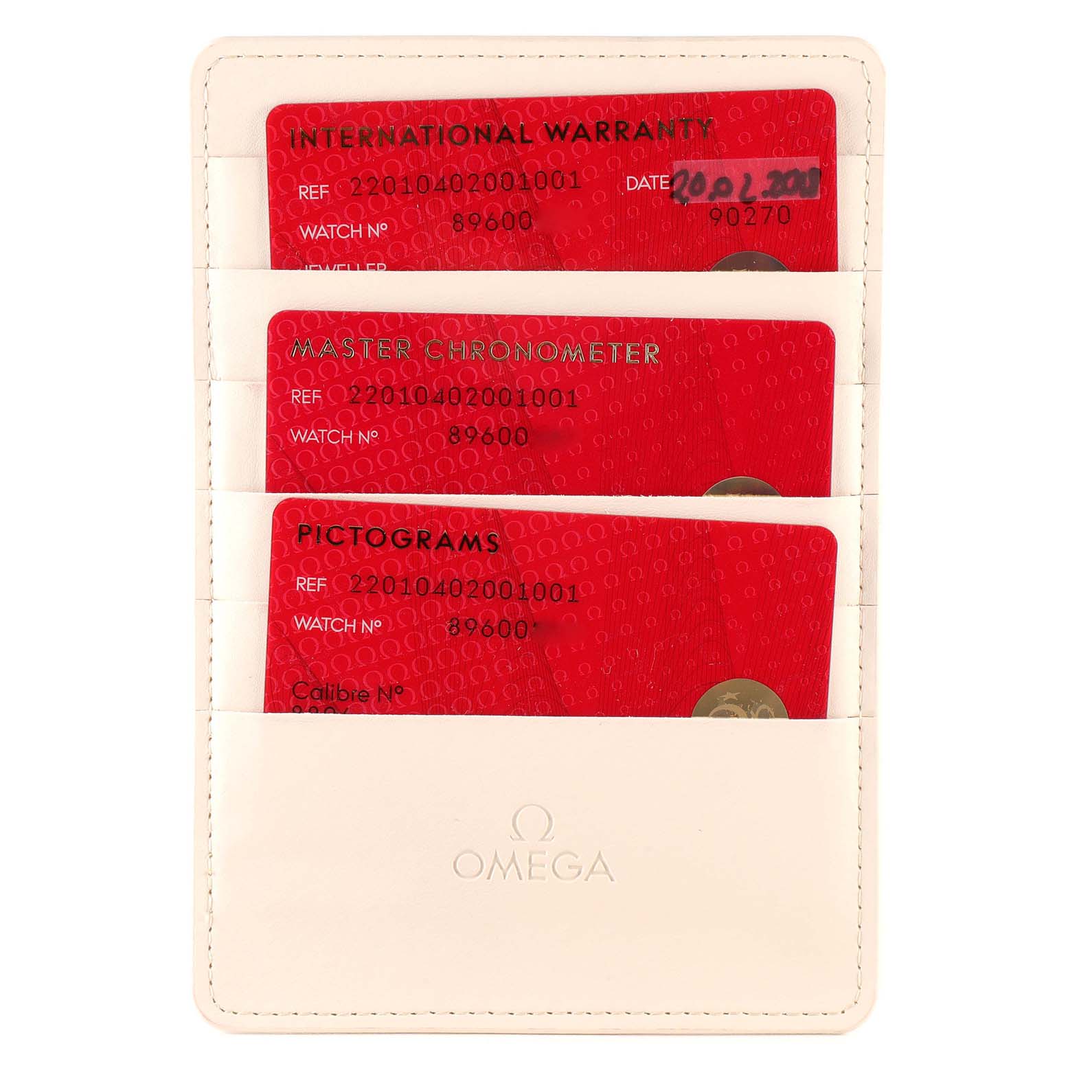 This image shows the international warranty, master chronometer, and pictogram cards for the Omega Aqua Terra 220.10.40.20.01.001 Men's Stainless Steel Black Dial 220.10.40.20.01.001 Men's Stainless Steel Black Dial model.