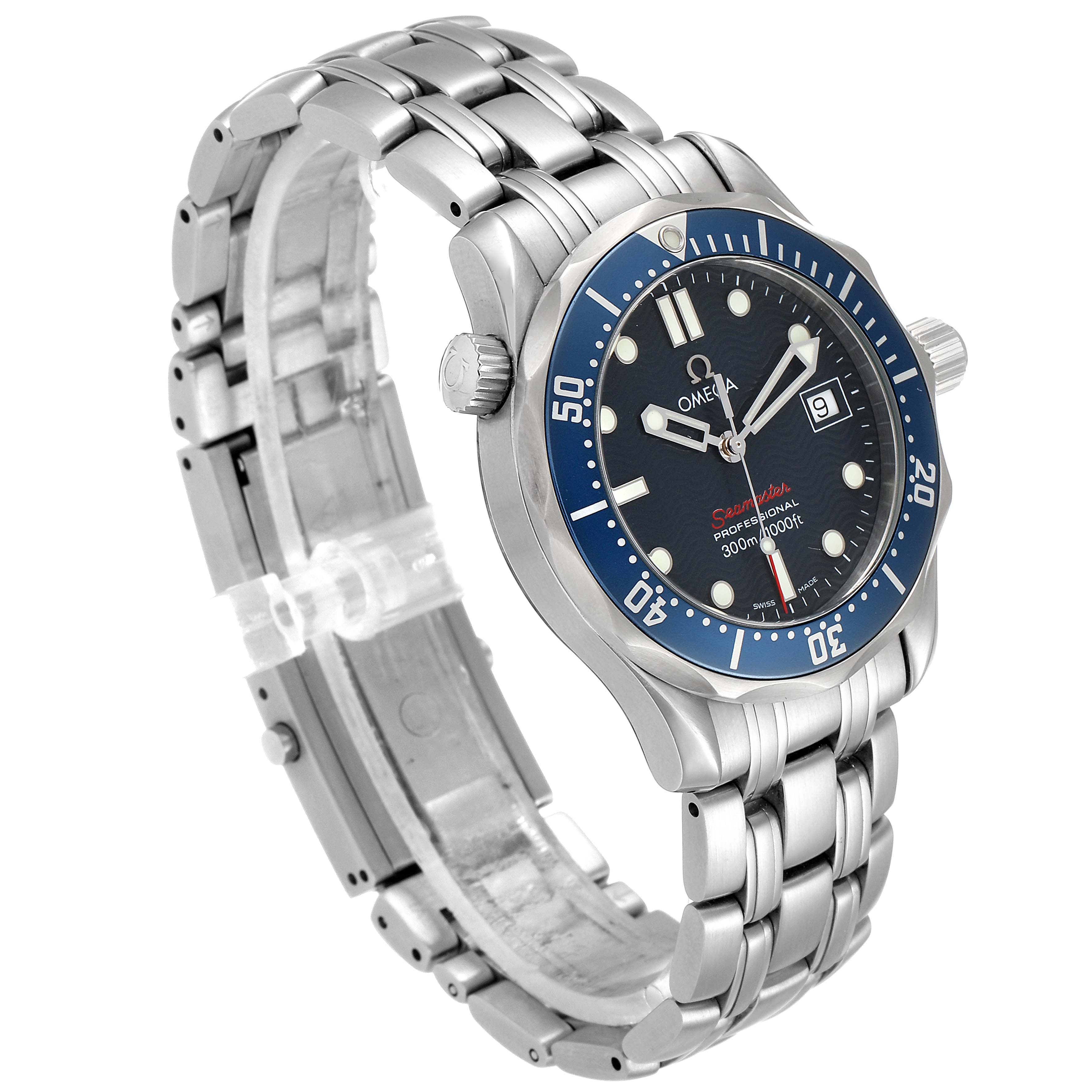 The image shows the Omega Seamaster 2223.80.00 Men
s Stainless Steel Blue Dial 2223.80.00 Men
s Stainless Steel Blue Dial watch at a three-quarter angle, highlighting the face, bezel, bracelet, and crown.