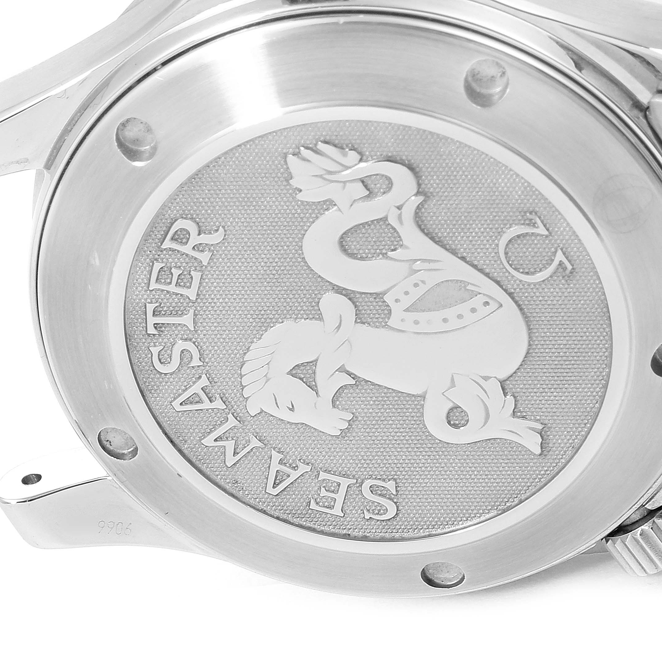 The image shows the case back of an Omega Seamaster 2223.80.00 Men
s Stainless Steel Blue Dial 2223.80.00 Men
s Stainless Steel Blue Dial watch, featuring the iconic seahorse engraving.