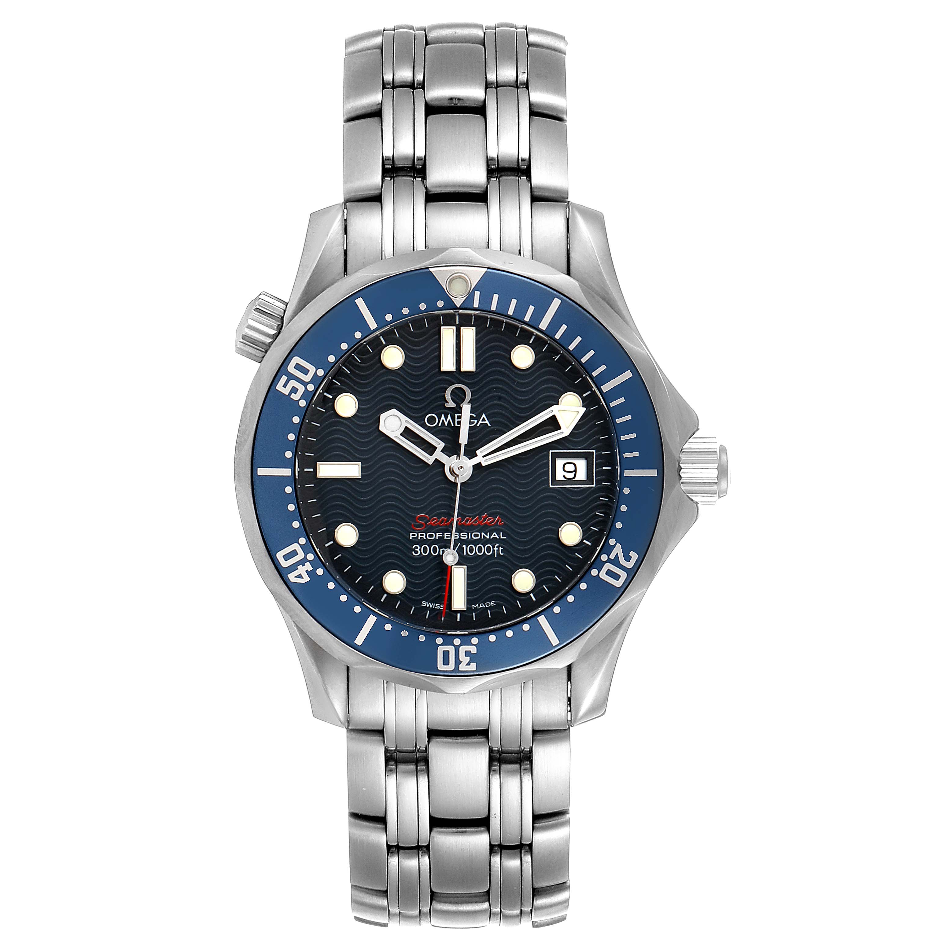 This image shows the front view of the Omega Seamaster 2223.80.00 Men
s Stainless Steel Blue Dial 2223.80.00 Men
s Stainless Steel Blue Dial watch, featuring its dial, bezel, bracelet, and case.