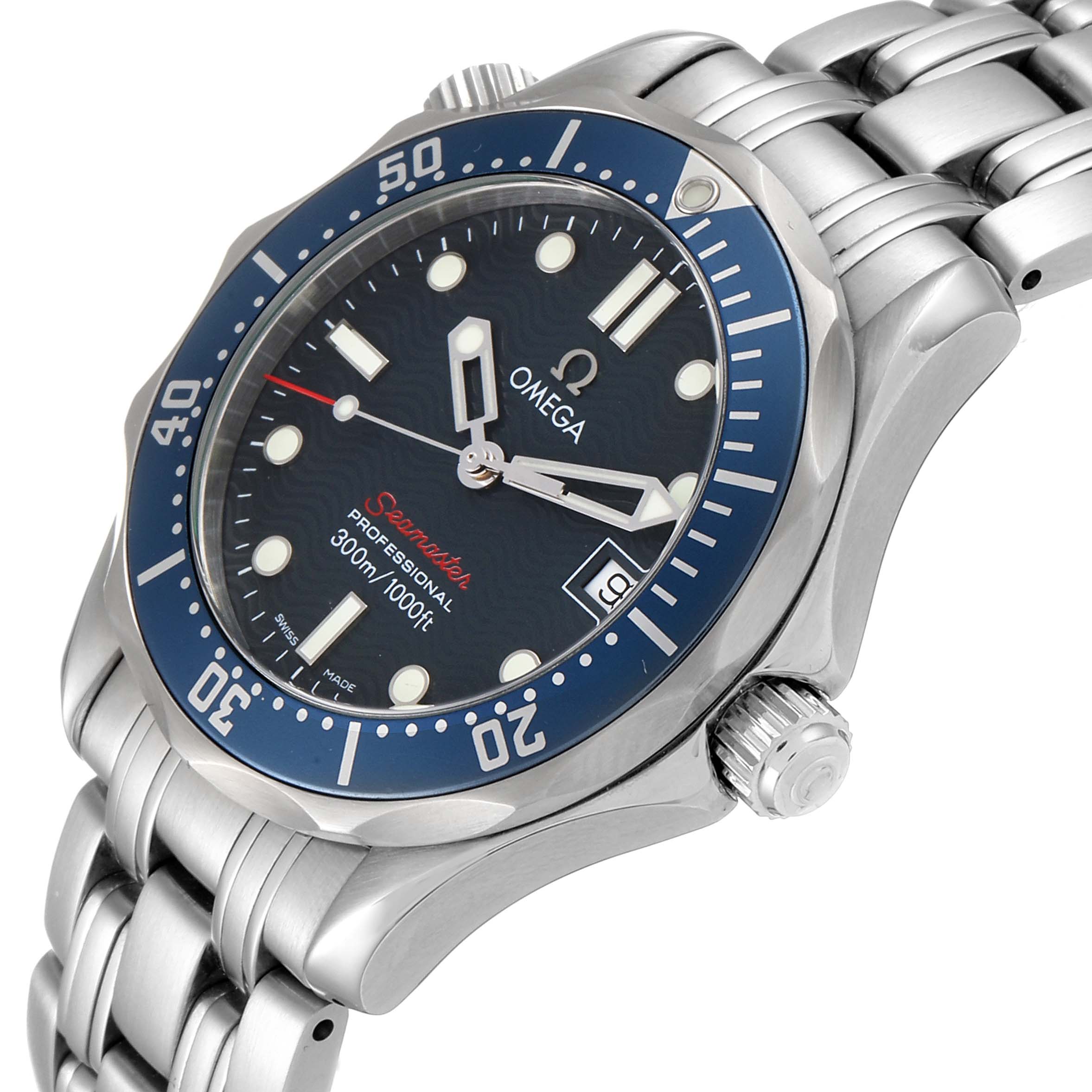 The image shows an angled view of the Omega Seamaster 2223.80.00 Men
s Stainless Steel Blue Dial 2223.80.00 Men
s Stainless Steel Blue Dial watch, highlighting the dial, bezel, crown, and stainless steel bracelet.