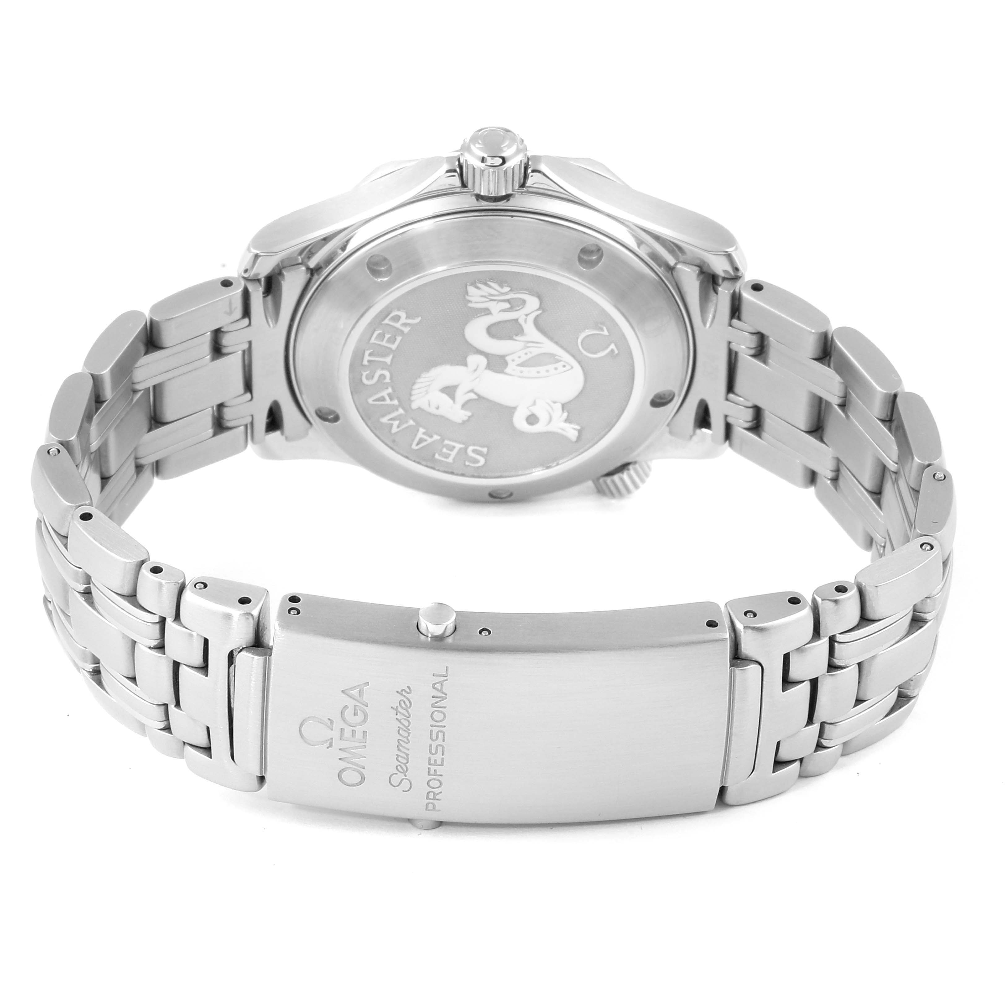 This image shows the back and bracelet clasp of the Omega Seamaster 2223.80.00 Men
s Stainless Steel Blue Dial 2223.80.00 Men
s Stainless Steel Blue Dial watch in a partially open position.