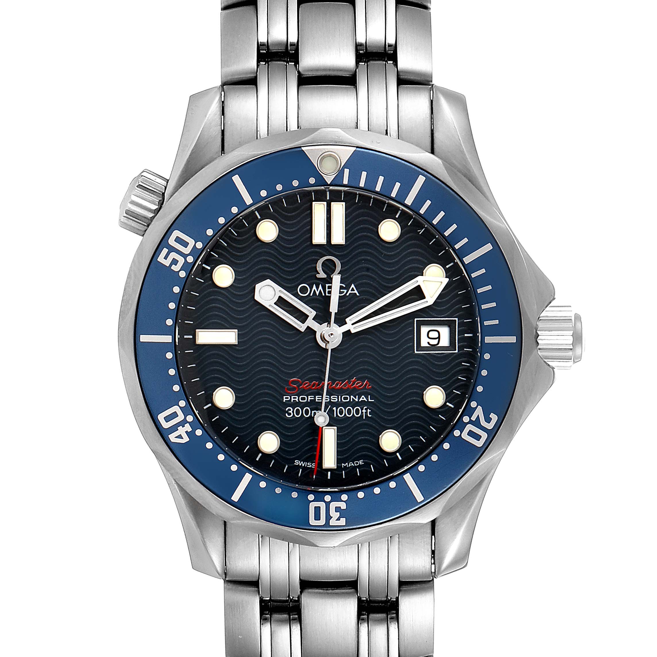 This image shows a front view of the Omega Seamaster 2223.80.00 Men
s Stainless Steel Blue Dial 2223.80.00 Men
s Stainless Steel Blue Dial watch, highlighting its face, bezel, and stainless steel bracelet.