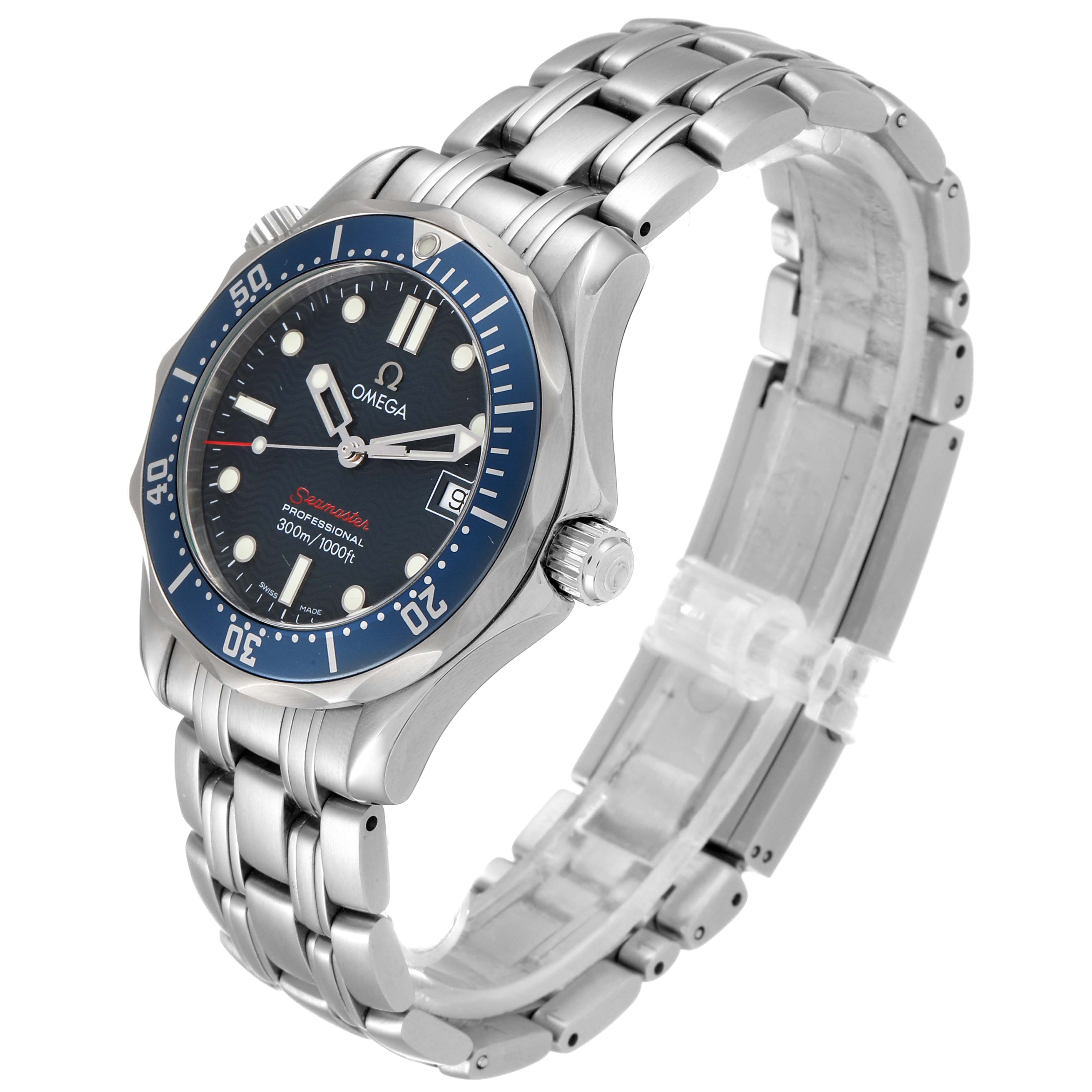 This Omega Seamaster 2223.80.00 Men
s Stainless Steel Blue Dial 2223.80.00 Men
s Stainless Steel Blue Dial watch is shown at a slight angle, displaying the face, bezel, crown, and metal bracelet.