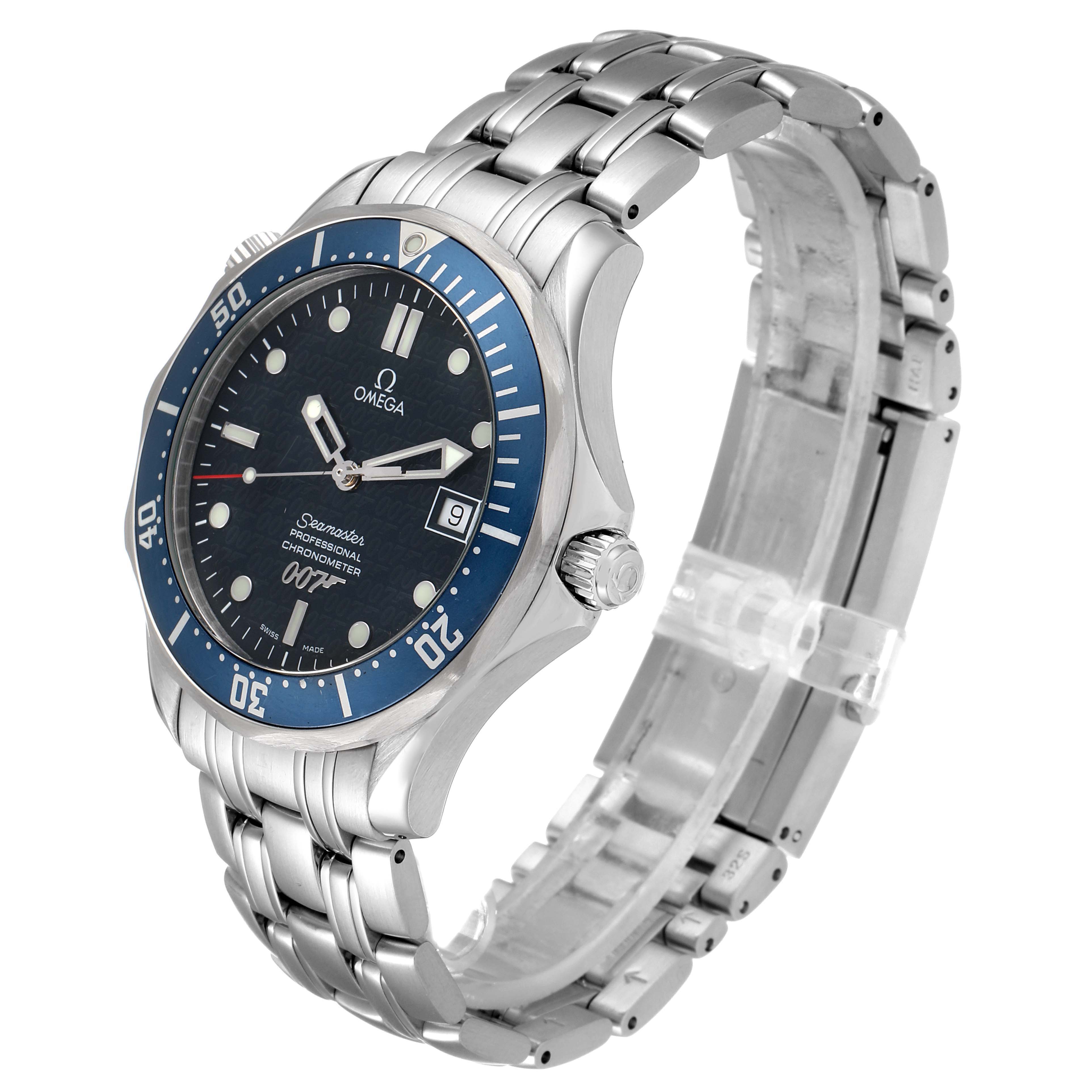 The image shows a side-angle view of the Omega Seamaster 2537.80.00 Men
s Stainless Steel Blue Dial 2537.80.00 Men
s Stainless Steel Blue Dial watch, featuring the watch face, bezel, crown, and bracelet.