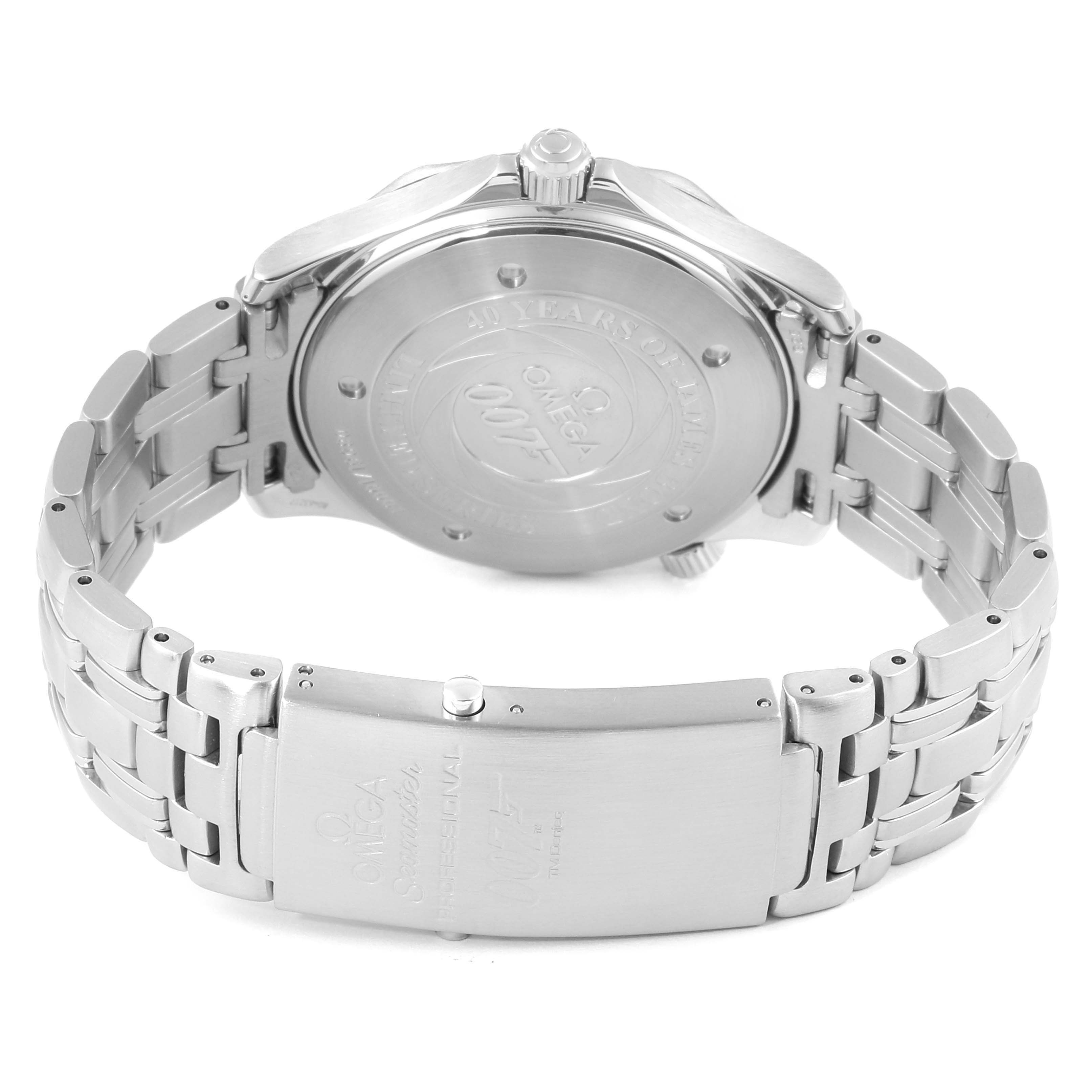 This image shows the back case, crown, and metal bracelet clasp of the Omega Seamaster 2537.80.00 Men
s Stainless Steel Blue Dial 2537.80.00 Men
s Stainless Steel Blue Dial watch, with the clasp displaying engraved markings.