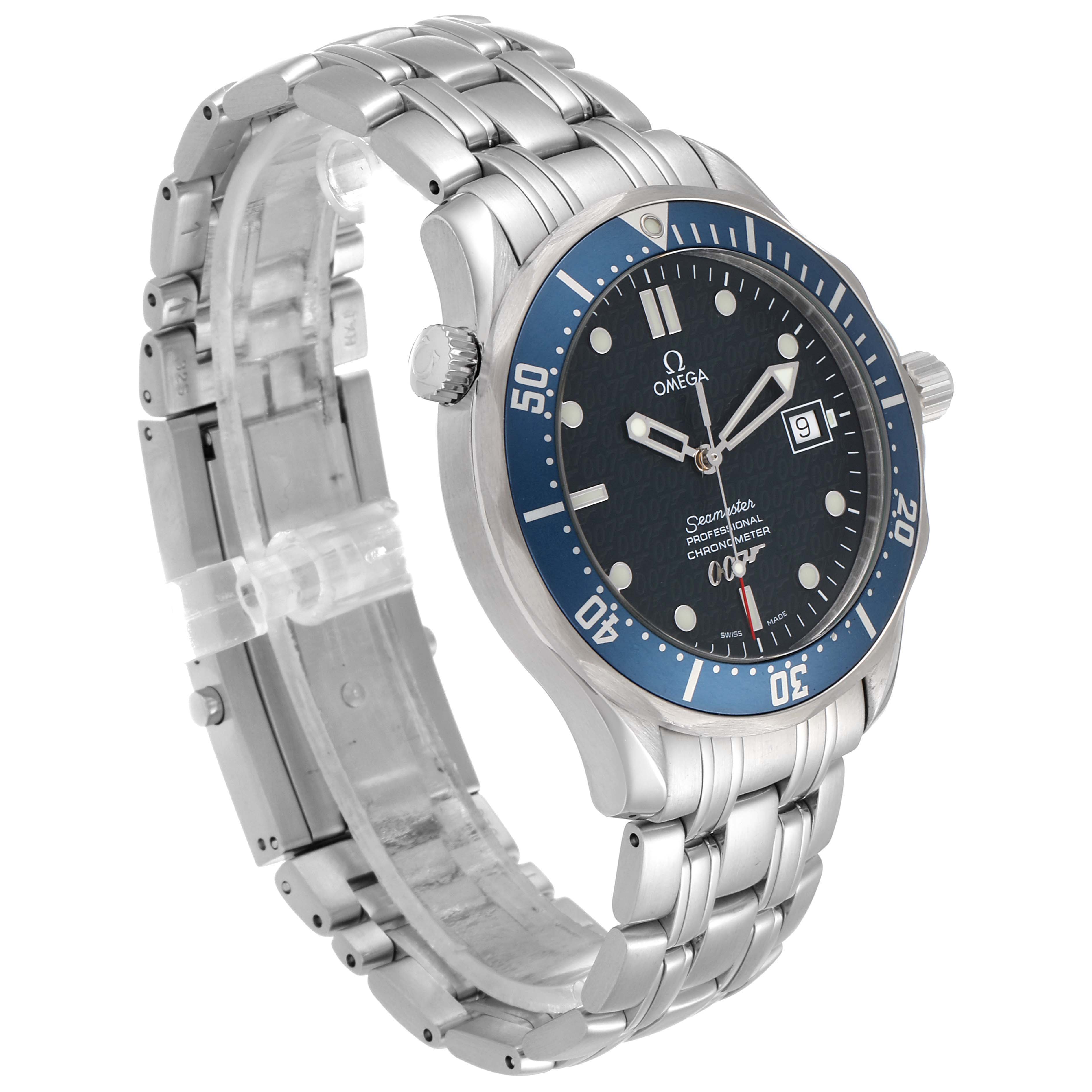 The Omega Seamaster 2537.80.00 Men
s Stainless Steel Blue Dial 2537.80.00 Men
s Stainless Steel Blue Dial watch is displayed from a side angle, showing the face, bezel, crown, and bracelet.