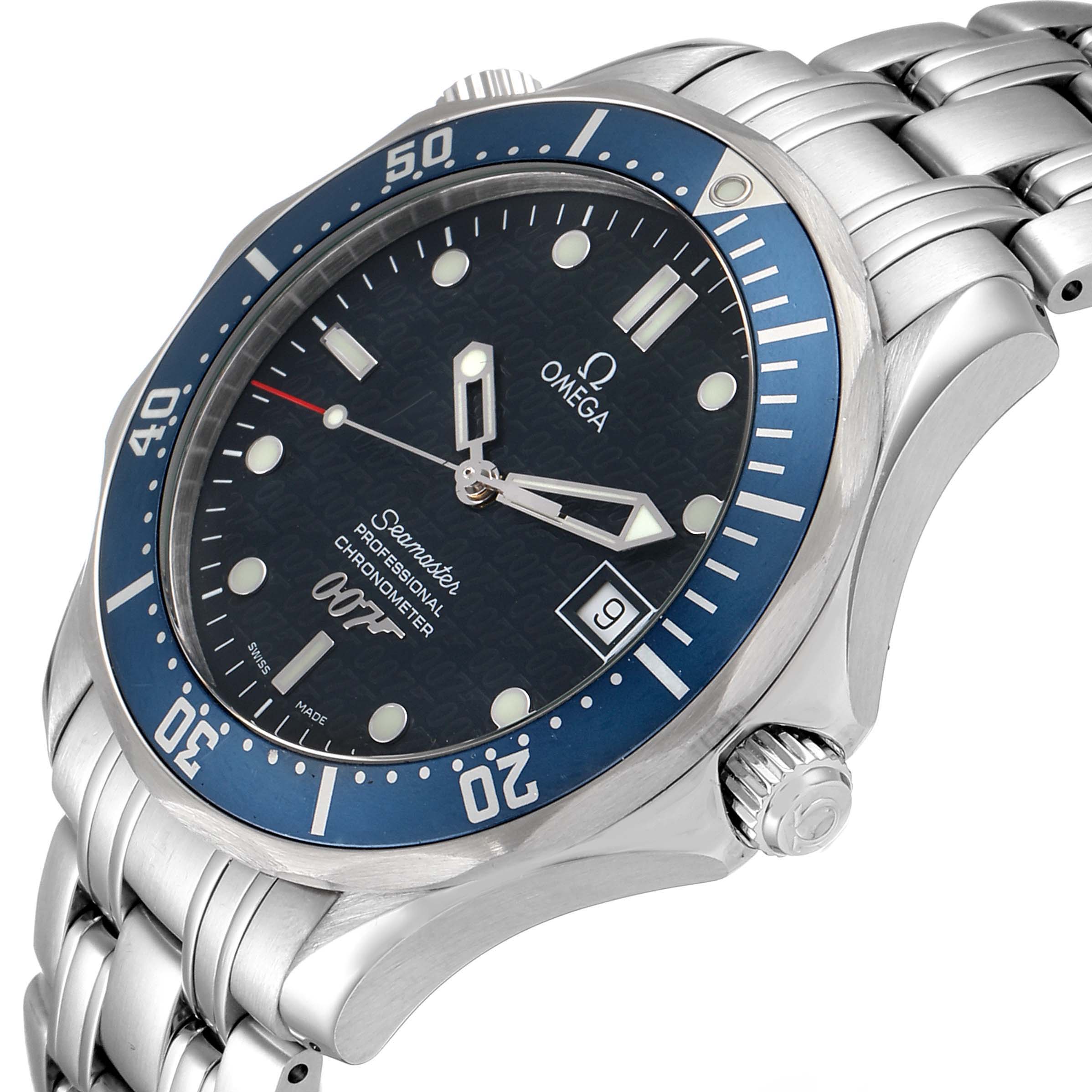 The image shows a close-up side view of an Omega Seamaster 2537.80.00 Men
s Stainless Steel Blue Dial 2537.80.00 Men
s Stainless Steel Blue Dial watch, featuring its bezel, dial, crown, and part of its bracelet.