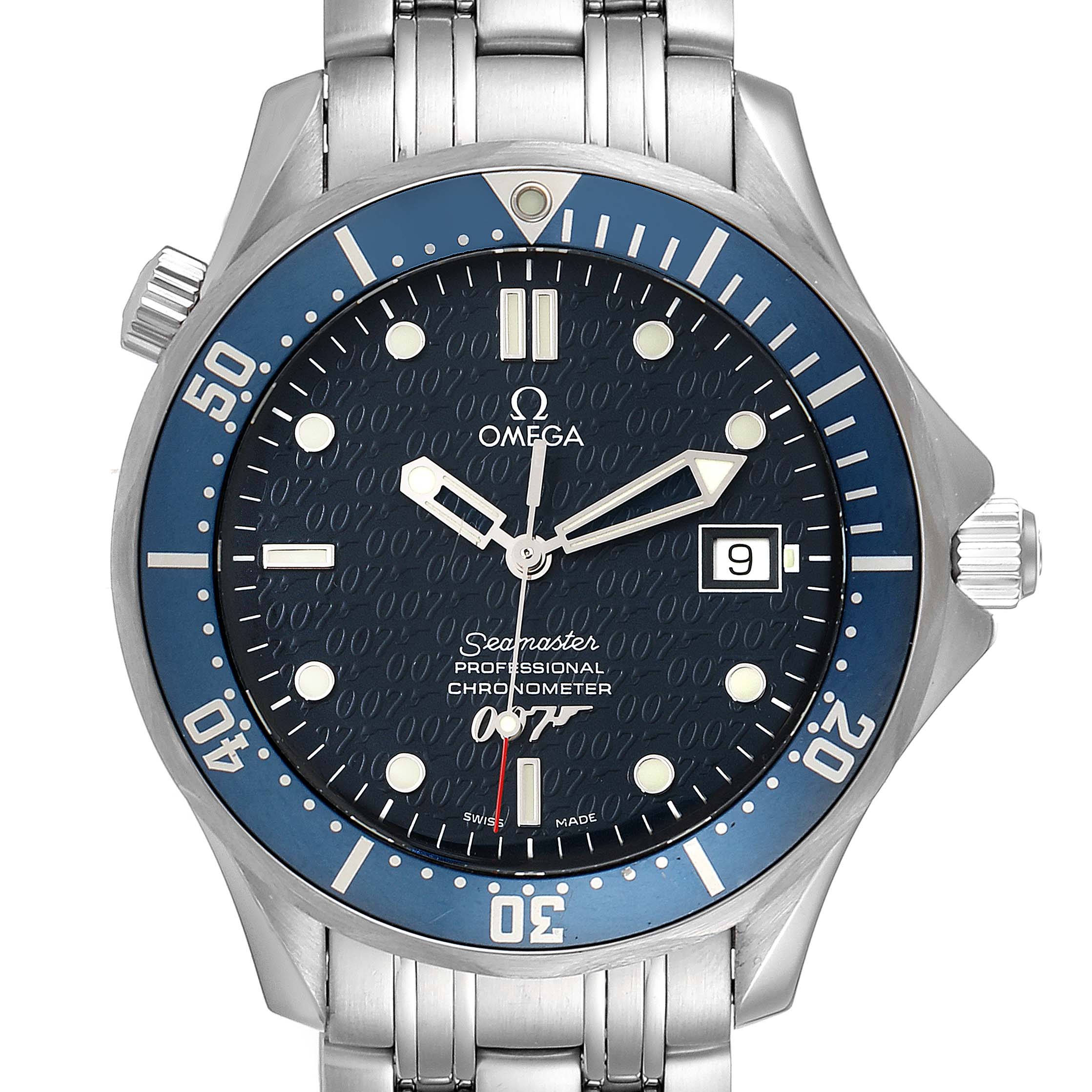 The image shows a front view of the Omega Seamaster 2537.80.00 Men
s Stainless Steel Blue Dial 2537.80.00 Men
s Stainless Steel Blue Dial watch, displaying the dial, bezel, and part of the metal bracelet.
