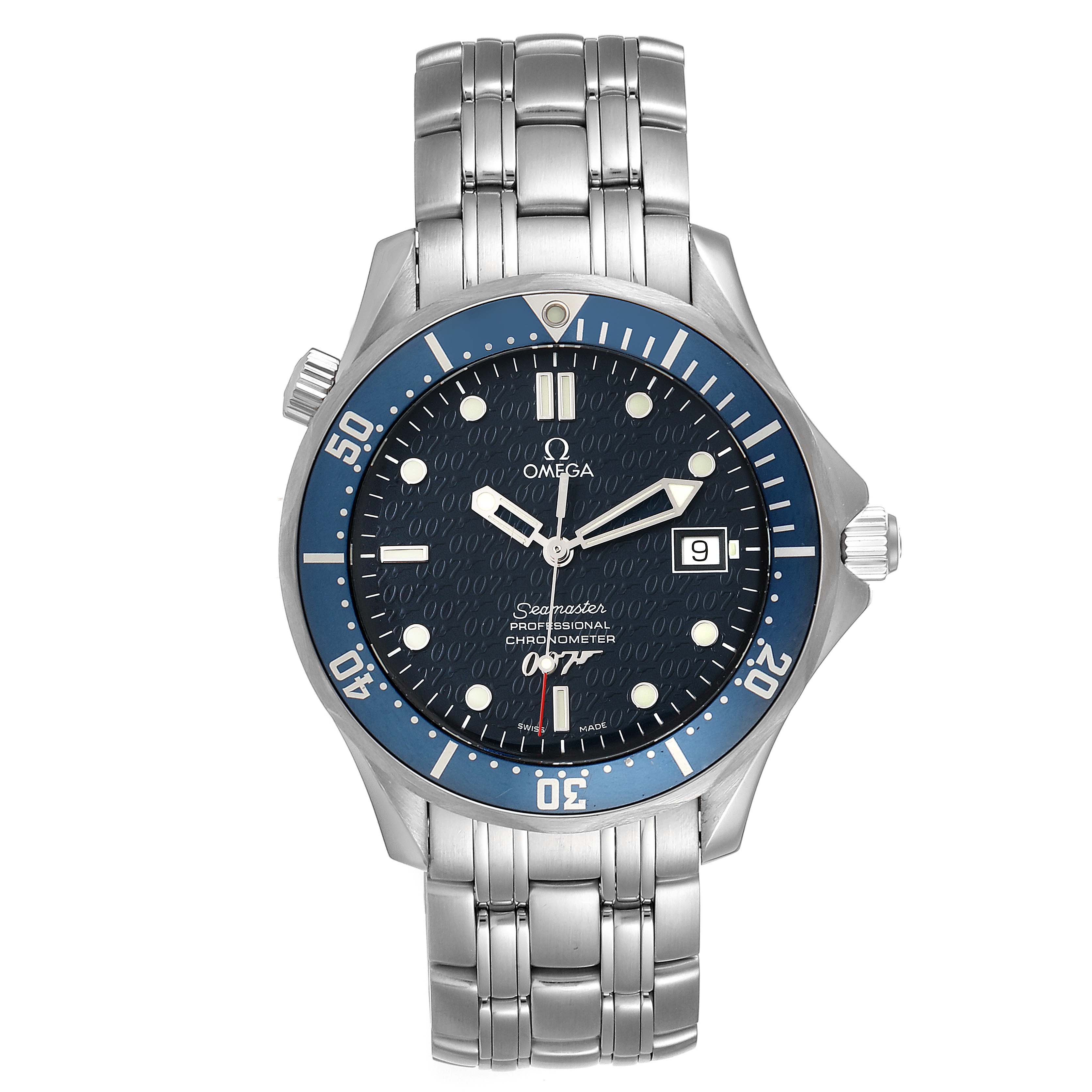 The Omega Seamaster 2537.80.00 Men
s Stainless Steel Blue Dial 2537.80.00 Men
s Stainless Steel Blue Dial watch is shown from a front perspective, displaying its face, bezel, dial, and bracelet.