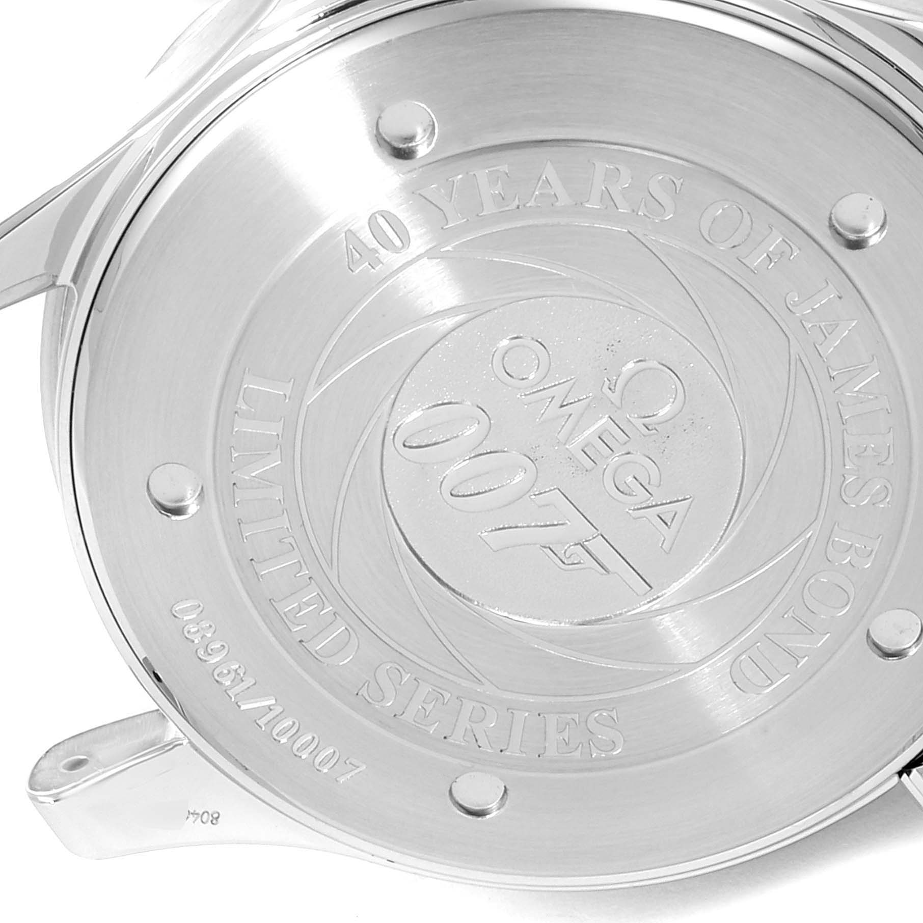 The image shows the back casing of an Omega Seamaster 2537.80.00 Men
s Stainless Steel Blue Dial 2537.80.00 Men
s Stainless Steel Blue Dial watch, engraved with "40 Years of James Bond" and the 007 logo.