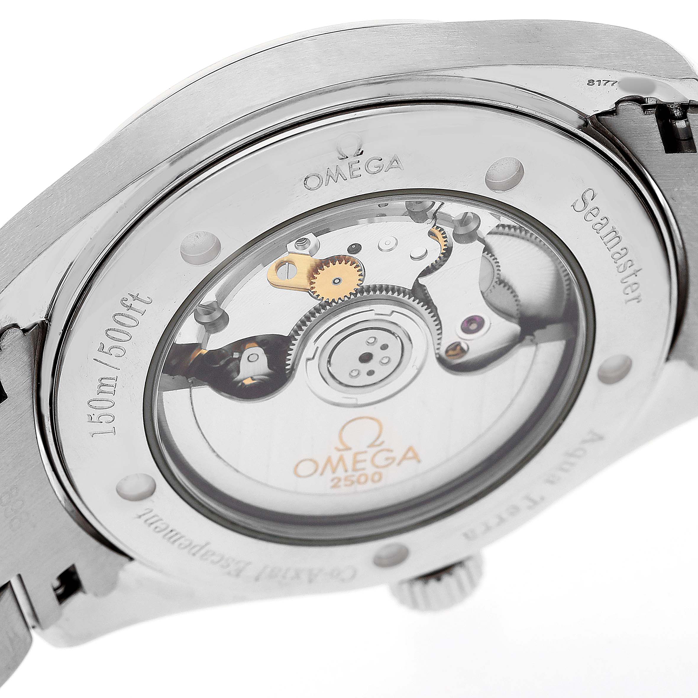 The Omega Aqua Terra 2503.33.00 Men's Stainless Steel Silver Dial watch is shown from the back, highlighting its exposed movement and engraved caseback.