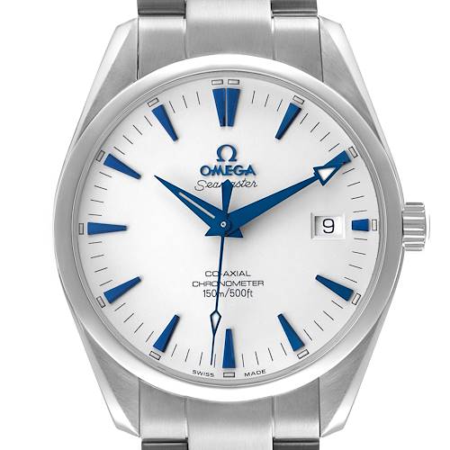 The Omega Aqua Terra 2503.33.00 Men's Stainless Steel Silver Dial watch is shown from a front angle, highlighting its dial, bezel, and part of the bracelet.