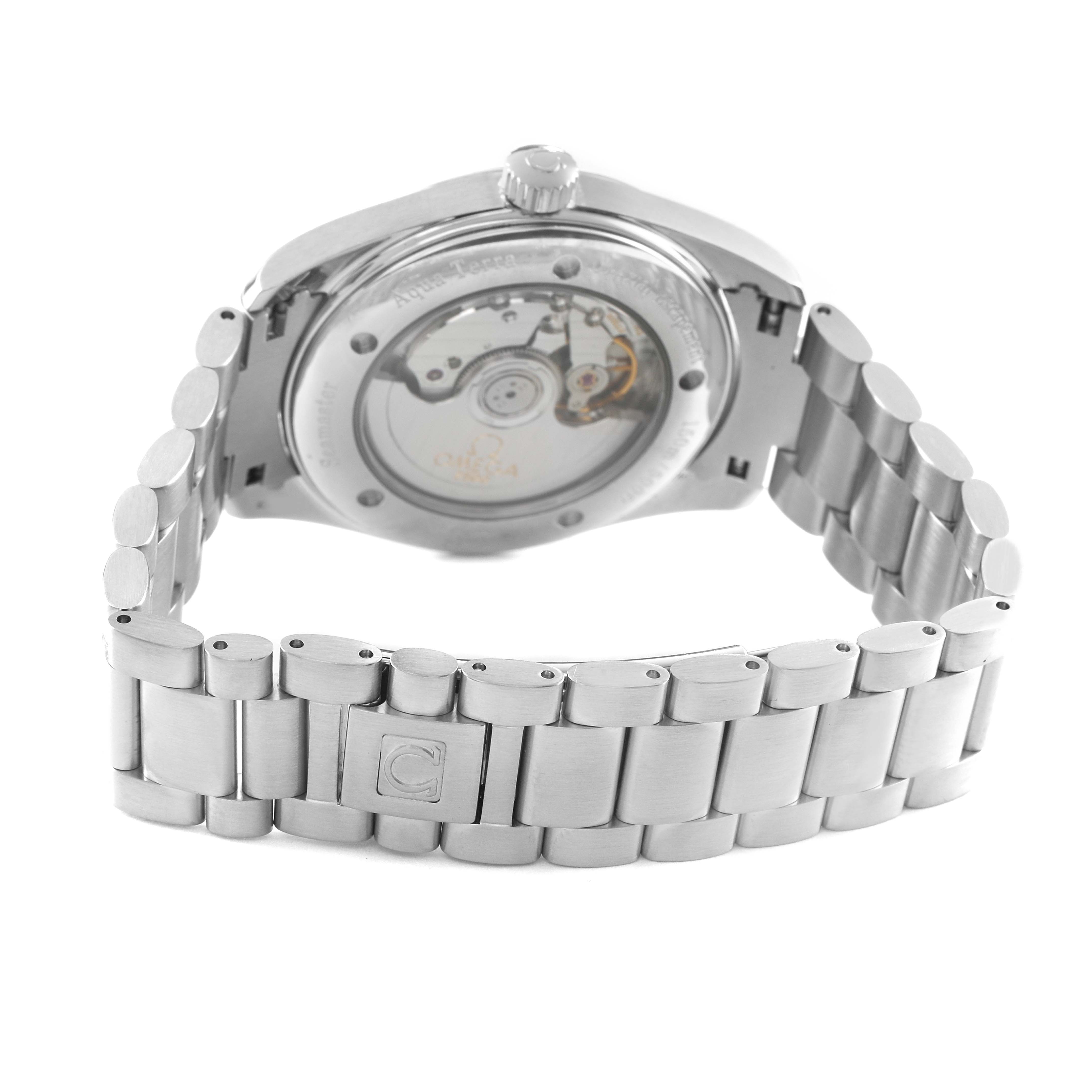 The Omega Aqua Terra 2503.33.00 Men's Stainless Steel Silver Dial watch is shown from the back, highlighting its transparent case back and metal bracelet.