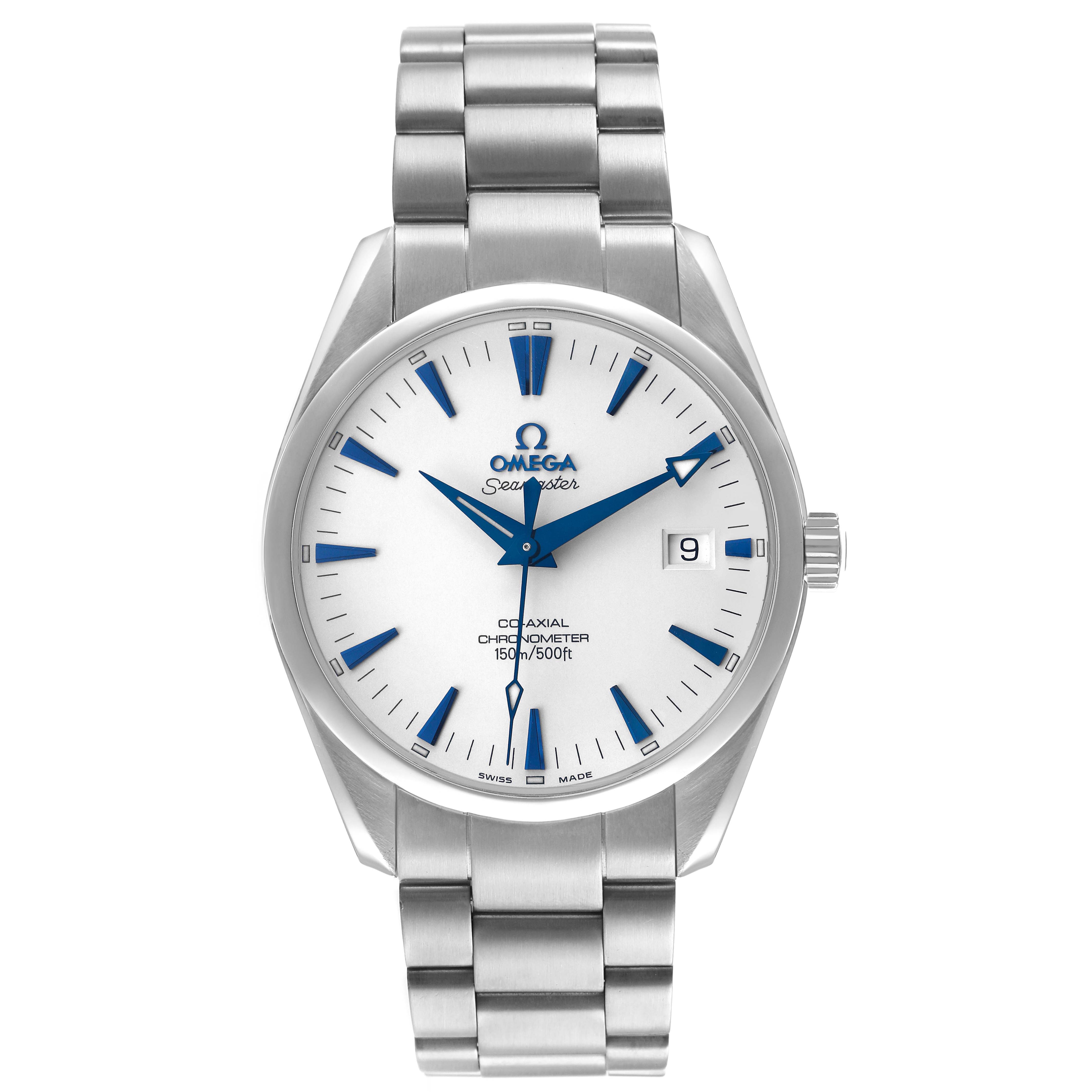 The Omega Aqua Terra 2503.33.00 Men's Stainless Steel Silver Dial watch is shown from a top view, highlighting its face, bezel, bracelet, and crown.