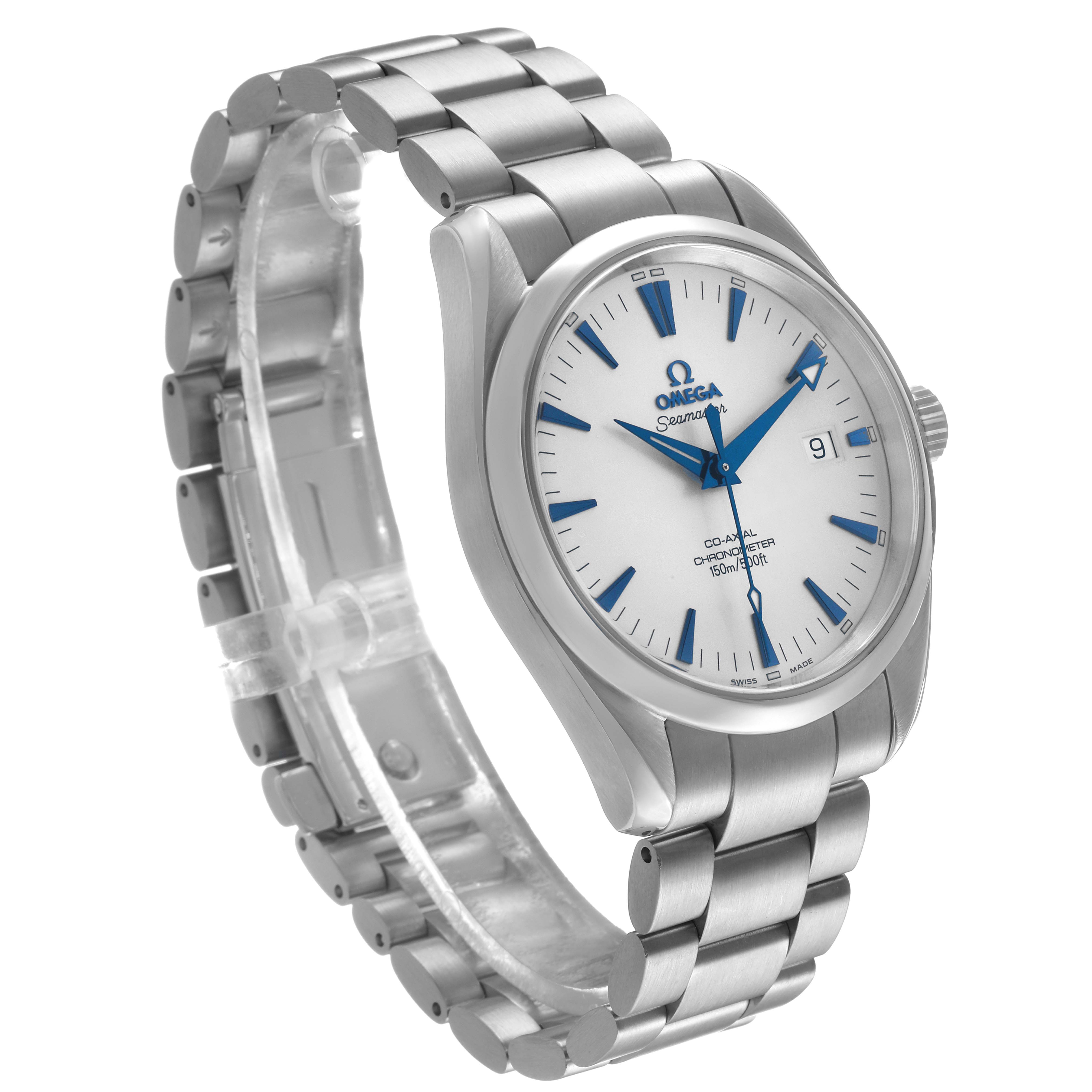 The Omega Aqua Terra 2503.33.00 Men's Stainless Steel Silver Dial watch is shown at a slight angle, displaying the dial, case, bracelet, and crown.