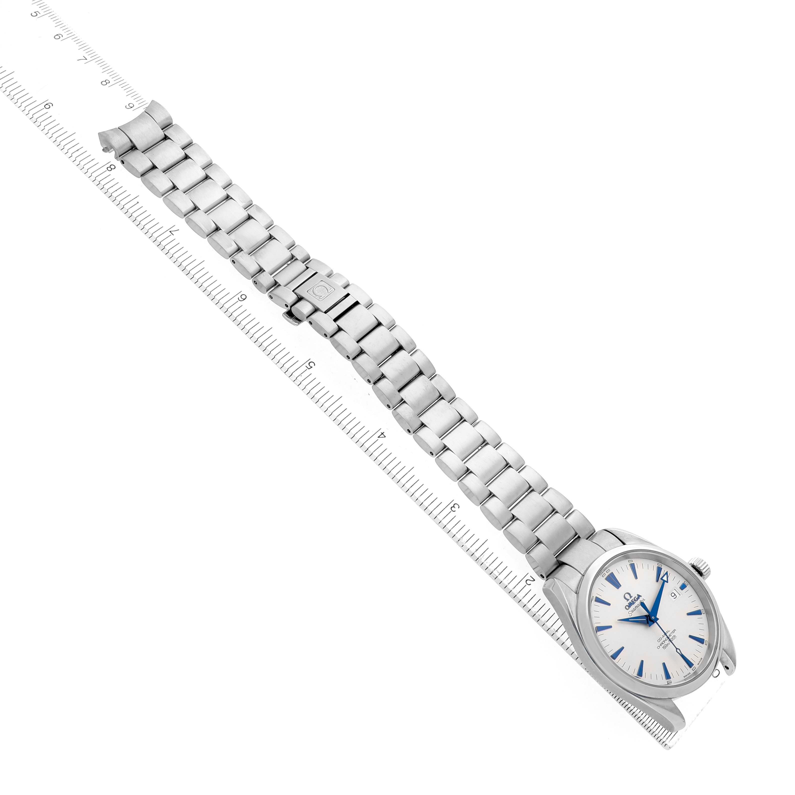 The Omega Aqua Terra 2503.33.00 Men's Stainless Steel Silver Dial watch is shown from an angled top view, displaying the full bracelet and watch face.