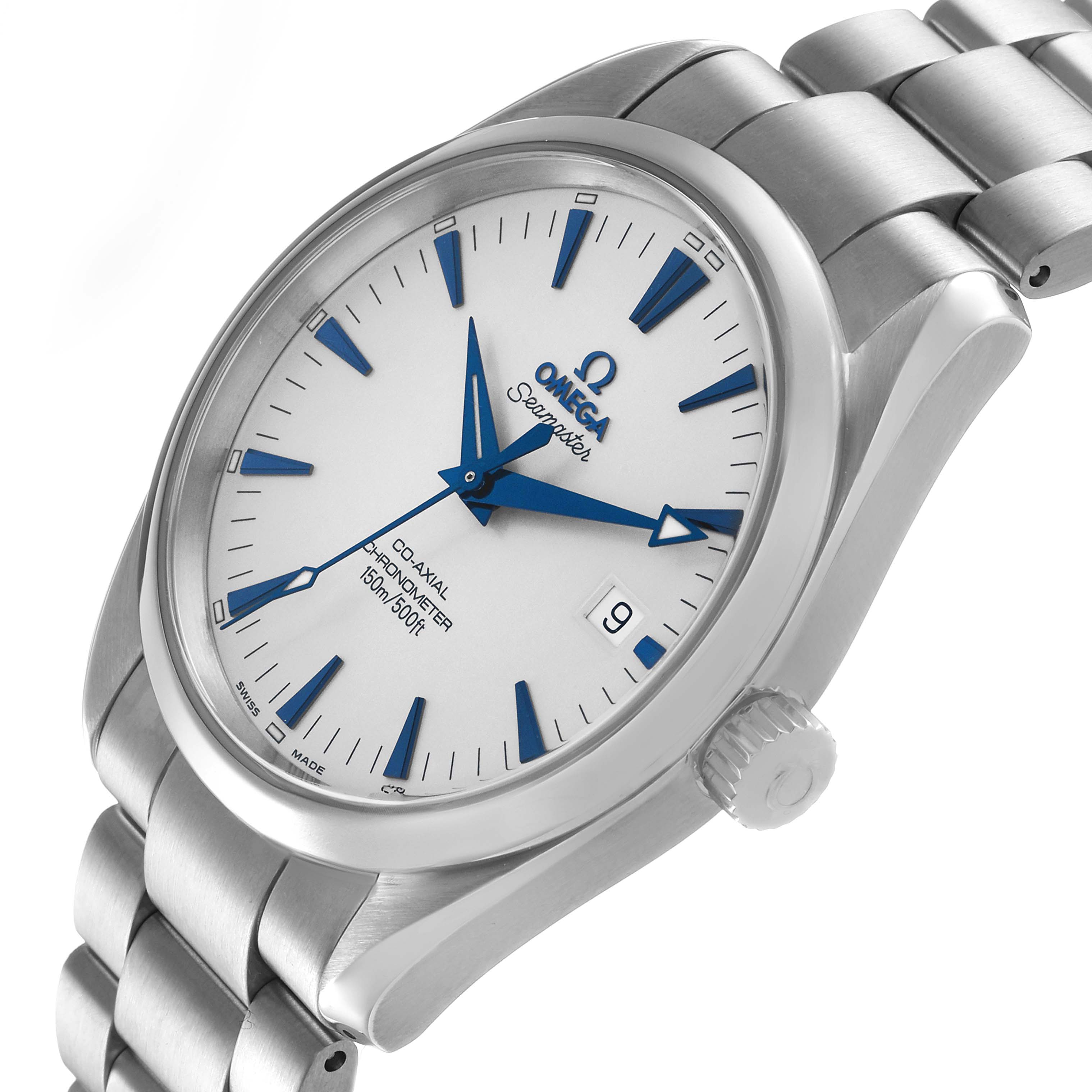 The image shows an Omega Aqua Terra 2503.33.00 Men's Stainless Steel Silver Dial watch at a three-quarter angle, highlighting the face, crown, and part of the bracelet.