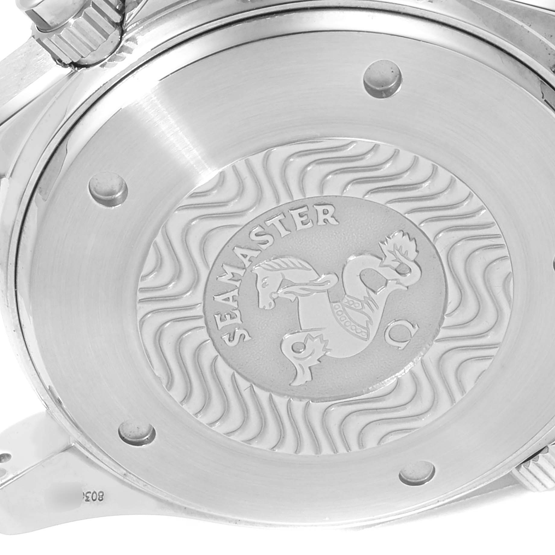 The image shows the case back of the Omega Seamaster 2599.80.00 Men
s Stainless Steel Blue Dial 2599.80.00 Men
s Stainless Steel Blue Dial, featuring the Seamaster logo and wave pattern.