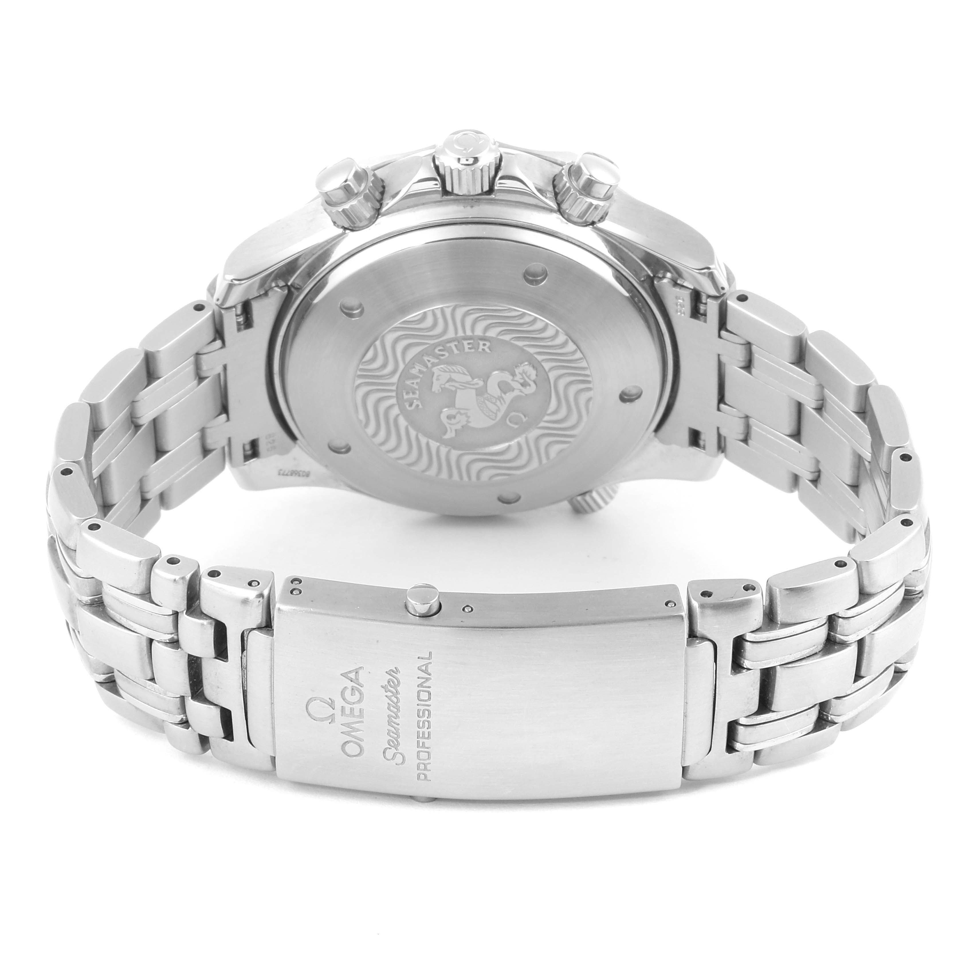 The image shows the back and clasp of an Omega Seamaster 2599.80.00 Men
s Stainless Steel Blue Dial 2599.80.00 Men
s Stainless Steel Blue Dial watch with its stainless steel bracelet.