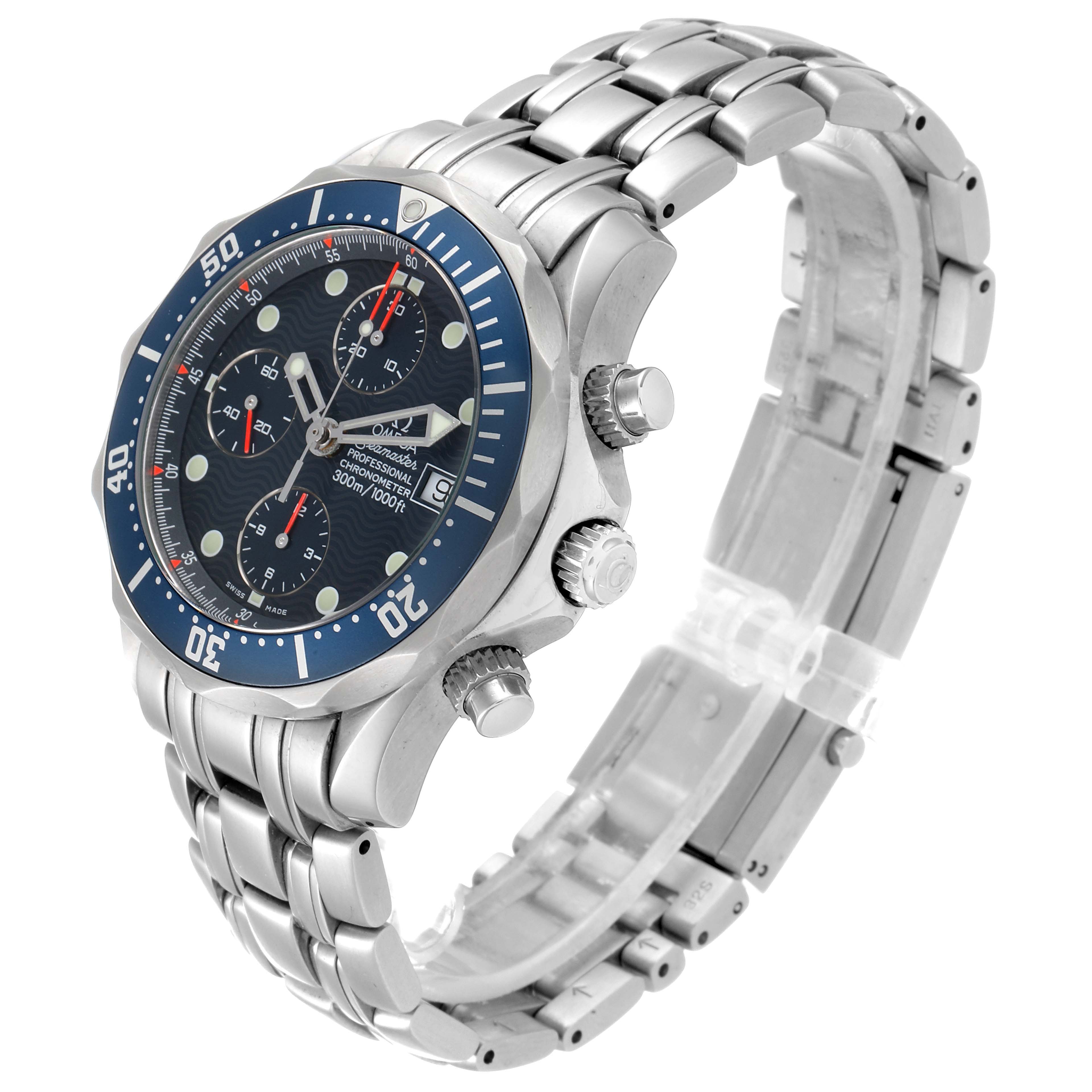 The Omega Seamaster 2599.80.00 Men
s Stainless Steel Blue Dial 2599.80.00 Men
s Stainless Steel Blue Dial watch is shown at a slight angle, displaying the face, bezel, side buttons, and part of the bracelet.