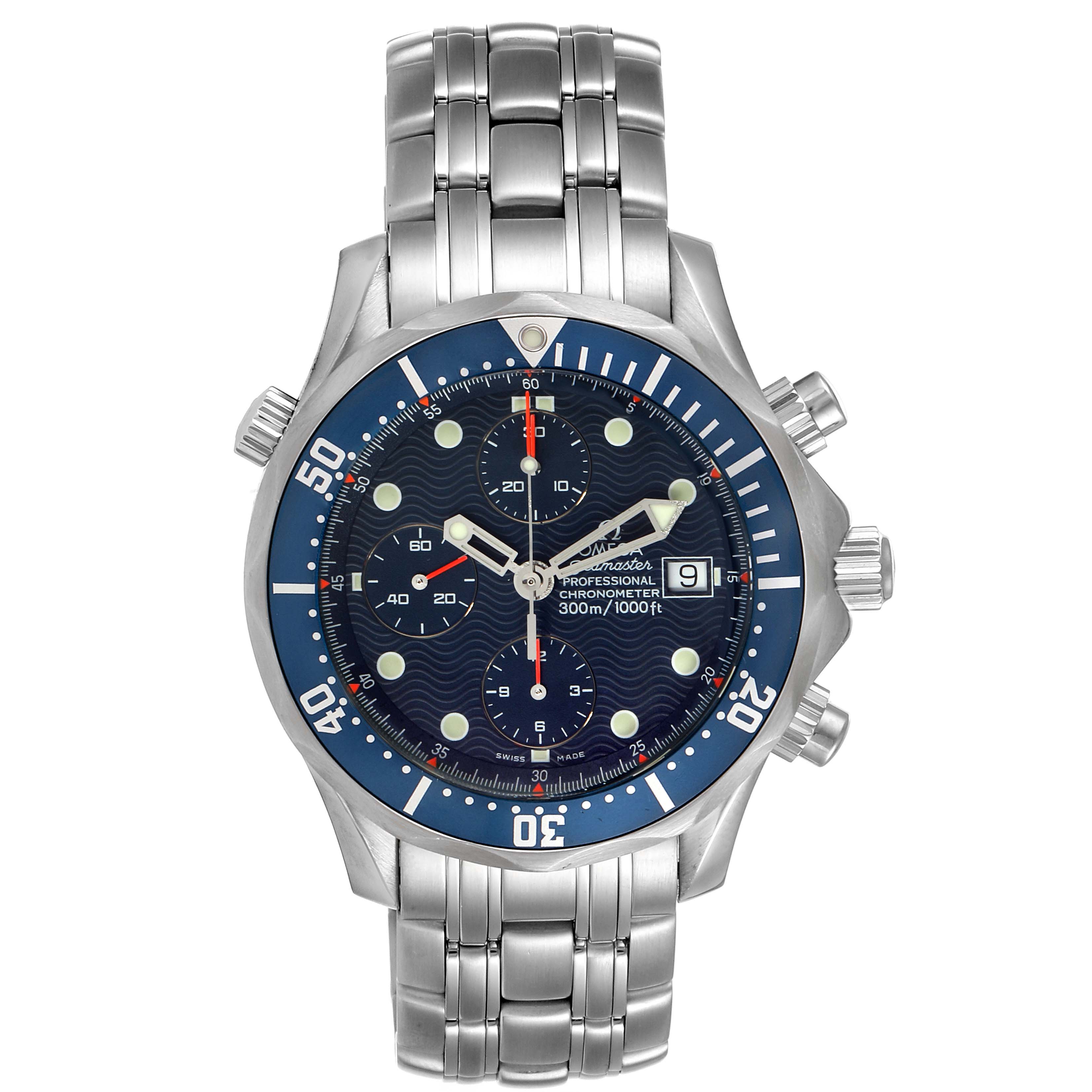 The image shows a front view of an Omega Seamaster 2599.80.00 Men
s Stainless Steel Blue Dial 2599.80.00 Men
s Stainless Steel Blue Dial watch featuring its dial, bezel, pushers, and stainless steel bracelet.