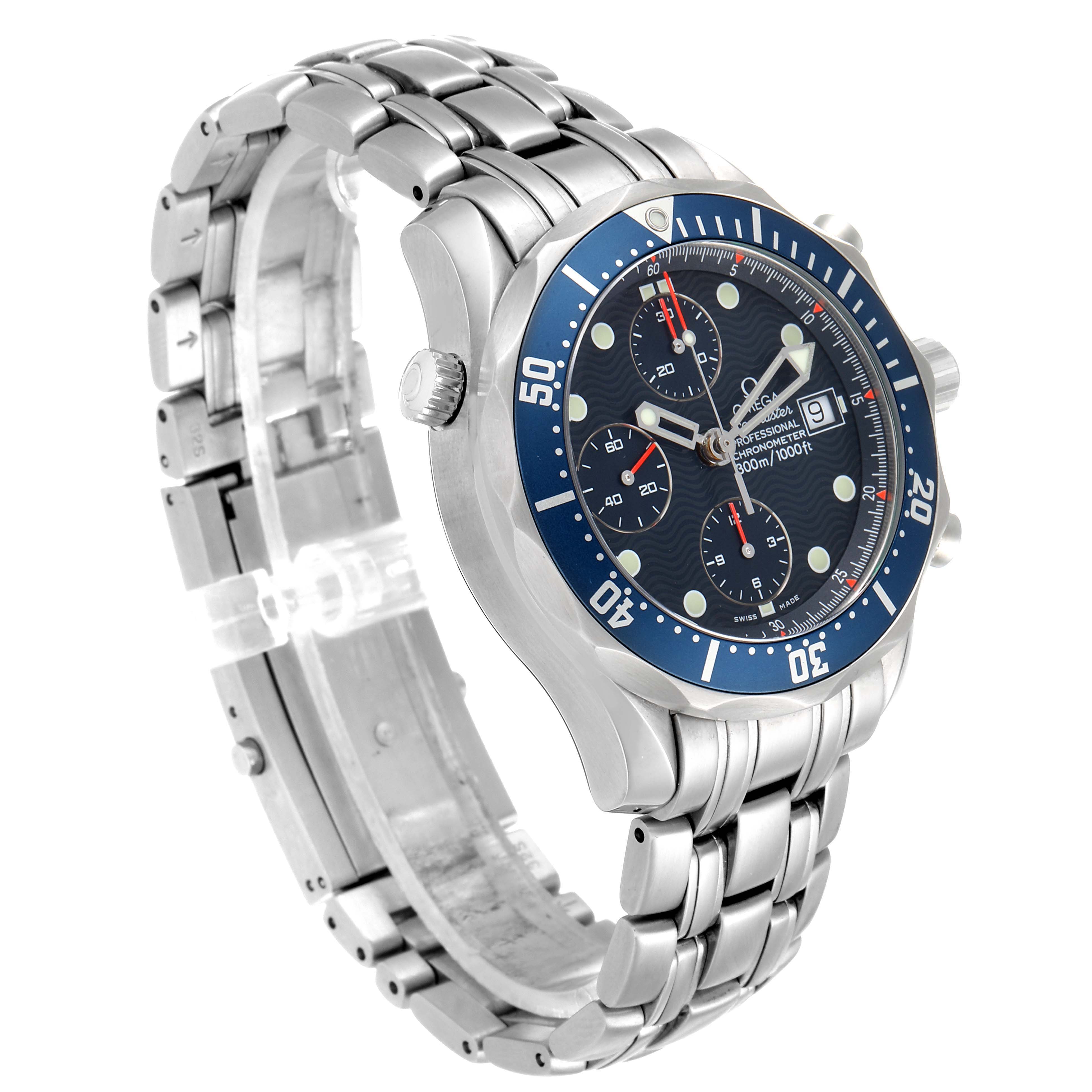 The Omega Seamaster 2599.80.00 Men
s Stainless Steel Blue Dial 2599.80.00 Men
s Stainless Steel Blue Dial watch is shown at a three-quarter angle, displaying the dial, bezel, and metal bracelet.