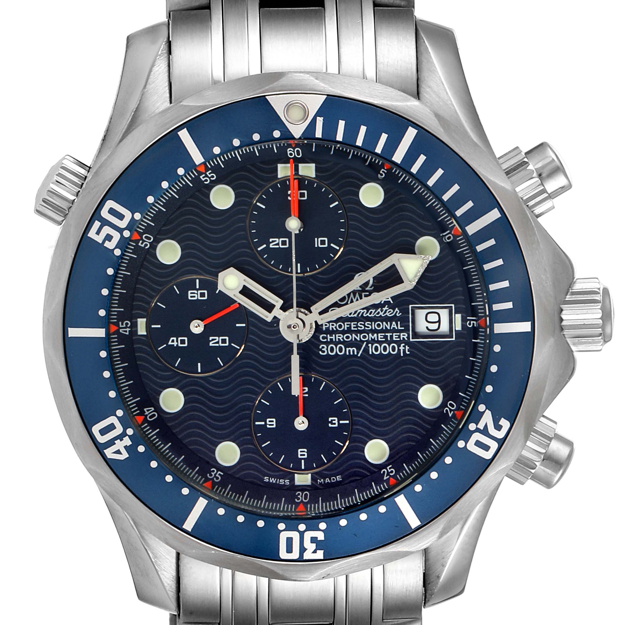 The image shows the front view of an Omega Seamaster 2599.80.00 Men
s Stainless Steel Blue Dial 2599.80.00 Men
s Stainless Steel Blue Dial Professional Chronometer watch, highlighting its dial, bezel, and bracelet.