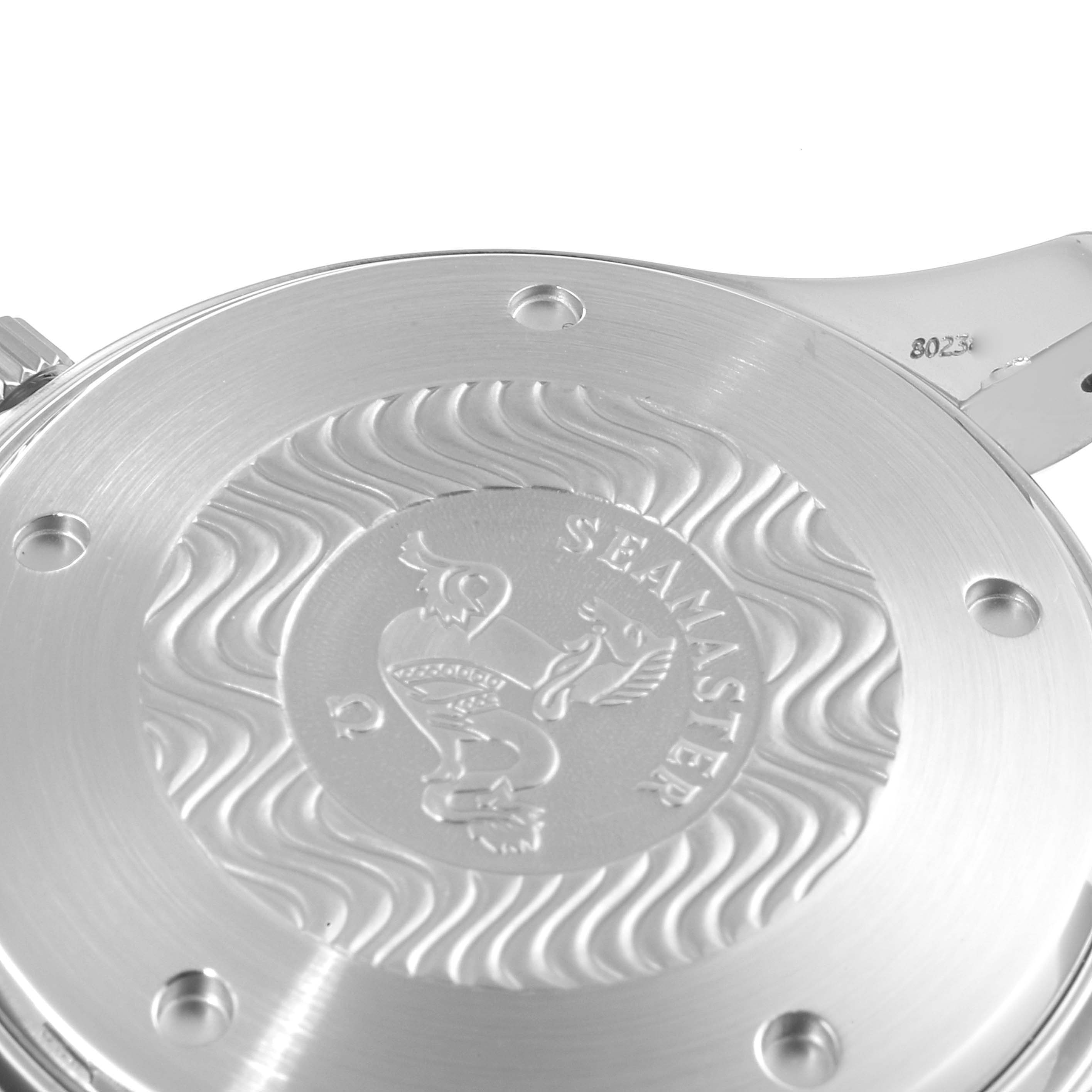 The image shows the case back of an Omega Seamaster 2599.80.00 Men's Stainless Steel Blue Dial 2599.80.00 Men's Stainless Steel Blue Dial watch from a close-up, top-down angle.