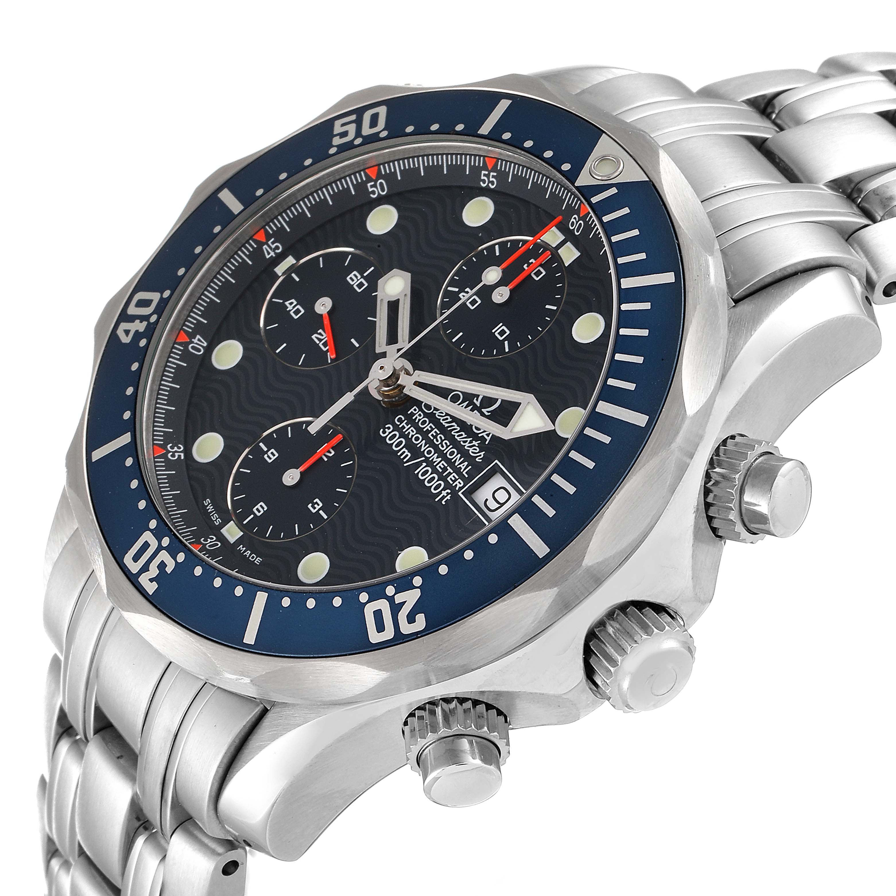 This image shows a side angle of an Omega Seamaster 2599.80.00 Men's Stainless Steel Blue Dial 2599.80.00 Men's Stainless Steel Blue Dial watch, showcasing its dial, bezel, crown, and part of the stainless steel bracelet.