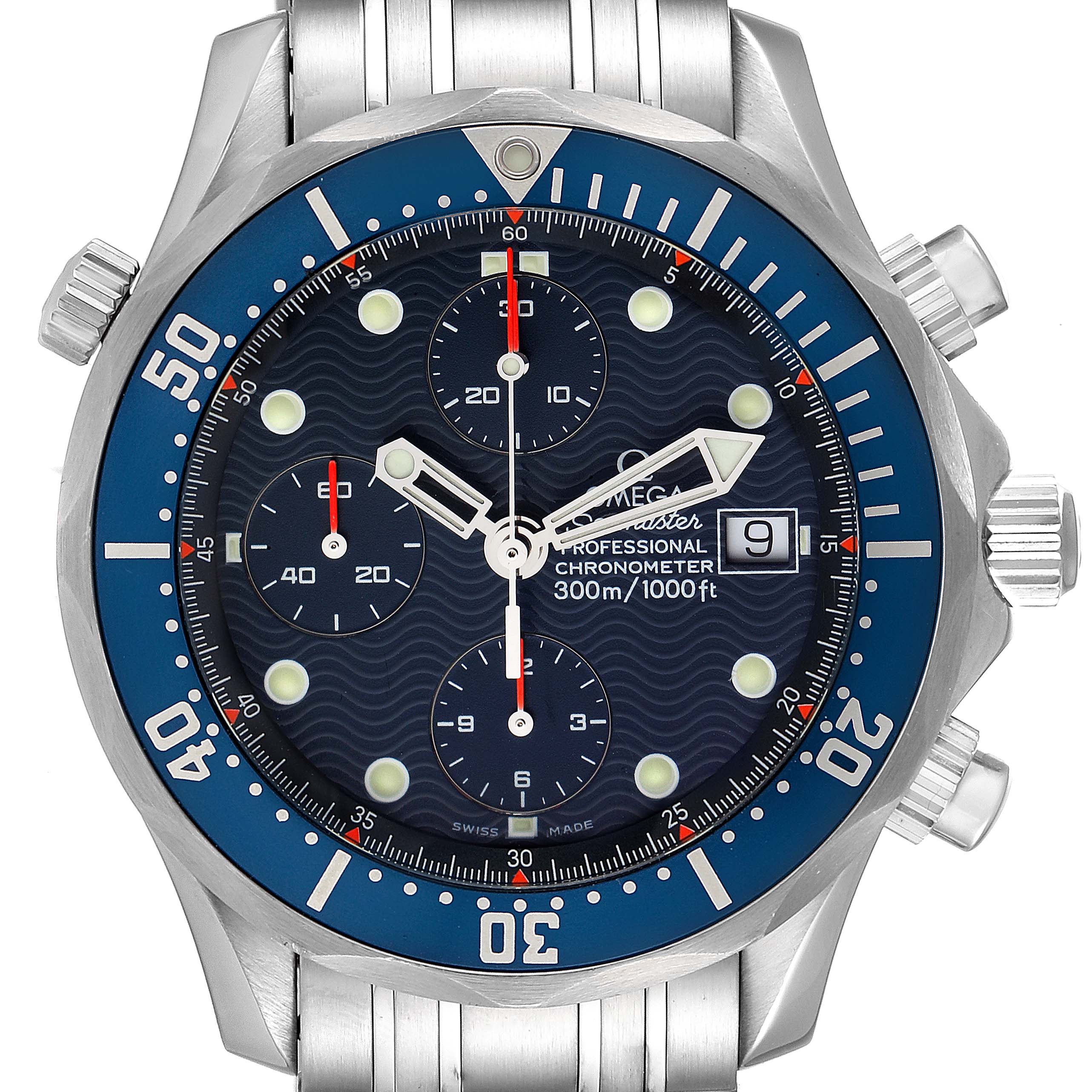 The image shows a frontal view of an Omega Seamaster 2599.80.00 Men's Stainless Steel Blue Dial 2599.80.00 Men's Stainless Steel Blue Dial Professional Chronometer watch, highlighting its blue dial, subdials, and date window.