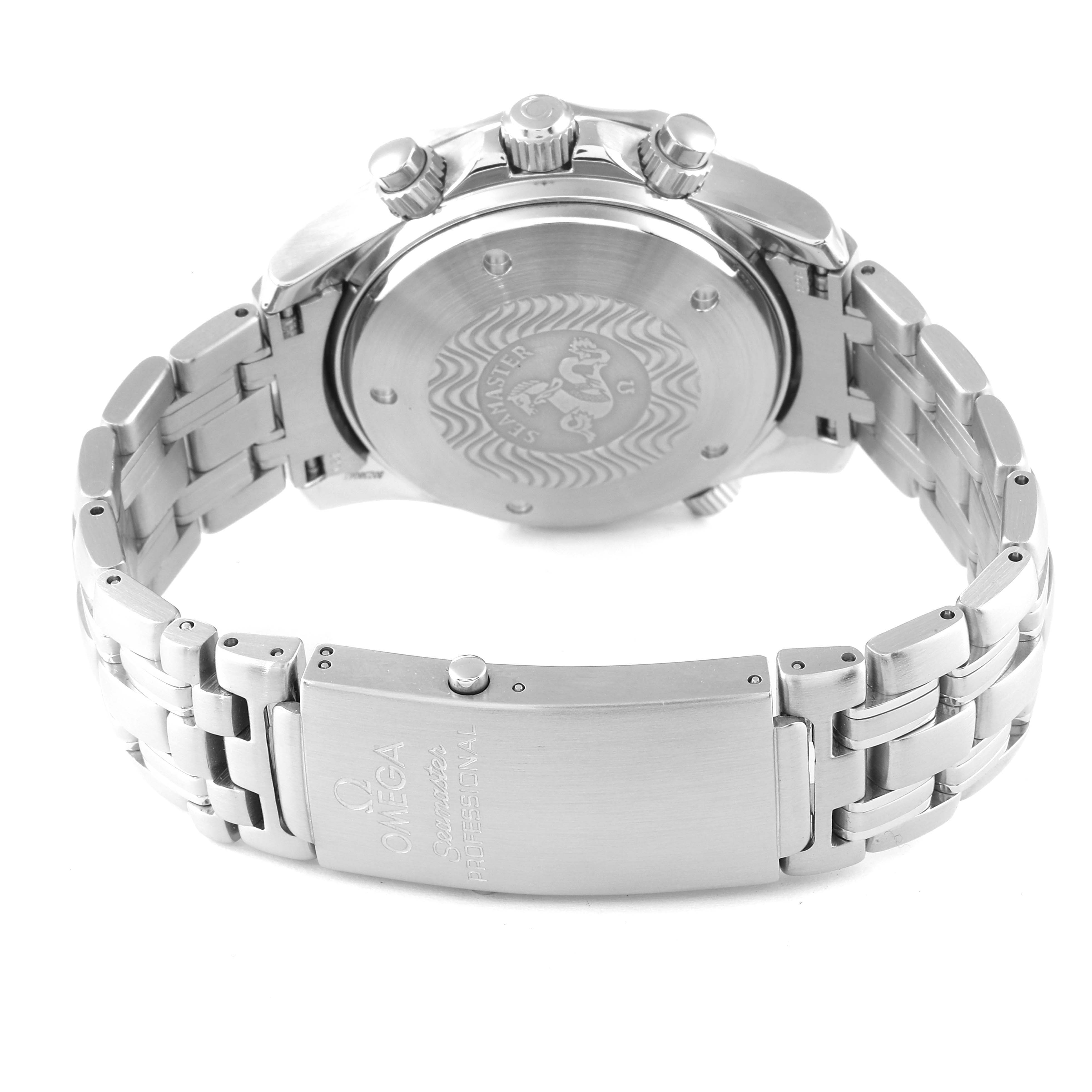 The image shows the back view of an Omega Seamaster 2599.80.00 Men's Stainless Steel Blue Dial 2599.80.00 Men's Stainless Steel Blue Dial watch, highlighting its stainless steel caseback and bracelet with the clasp.