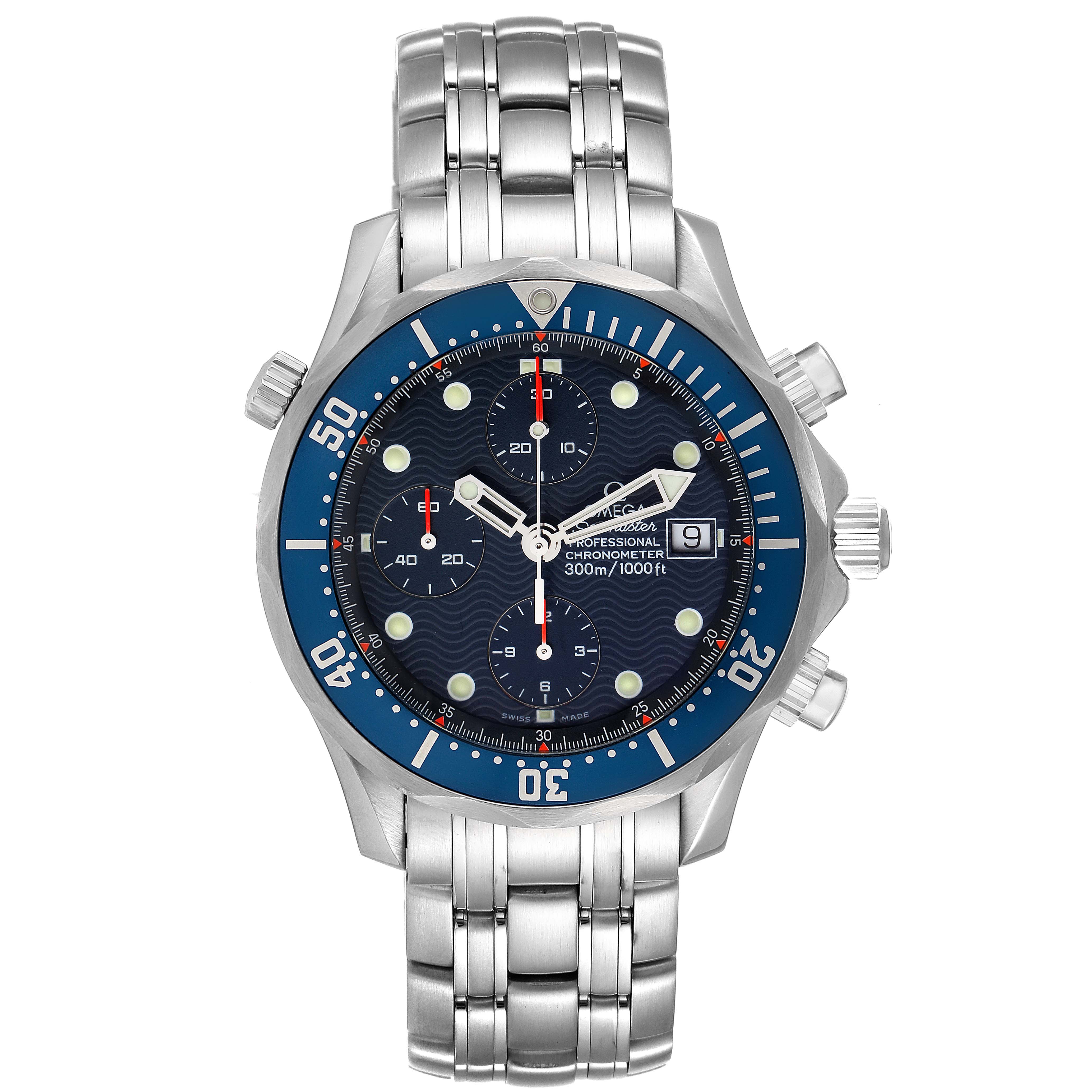 The image shows a frontal view of an Omega Seamaster 2599.80.00 Men's Stainless Steel Blue Dial 2599.80.00 Men's Stainless Steel Blue Dial watch, displaying the dial, bezel, pushers, crown, and part of the stainless steel bracelet.