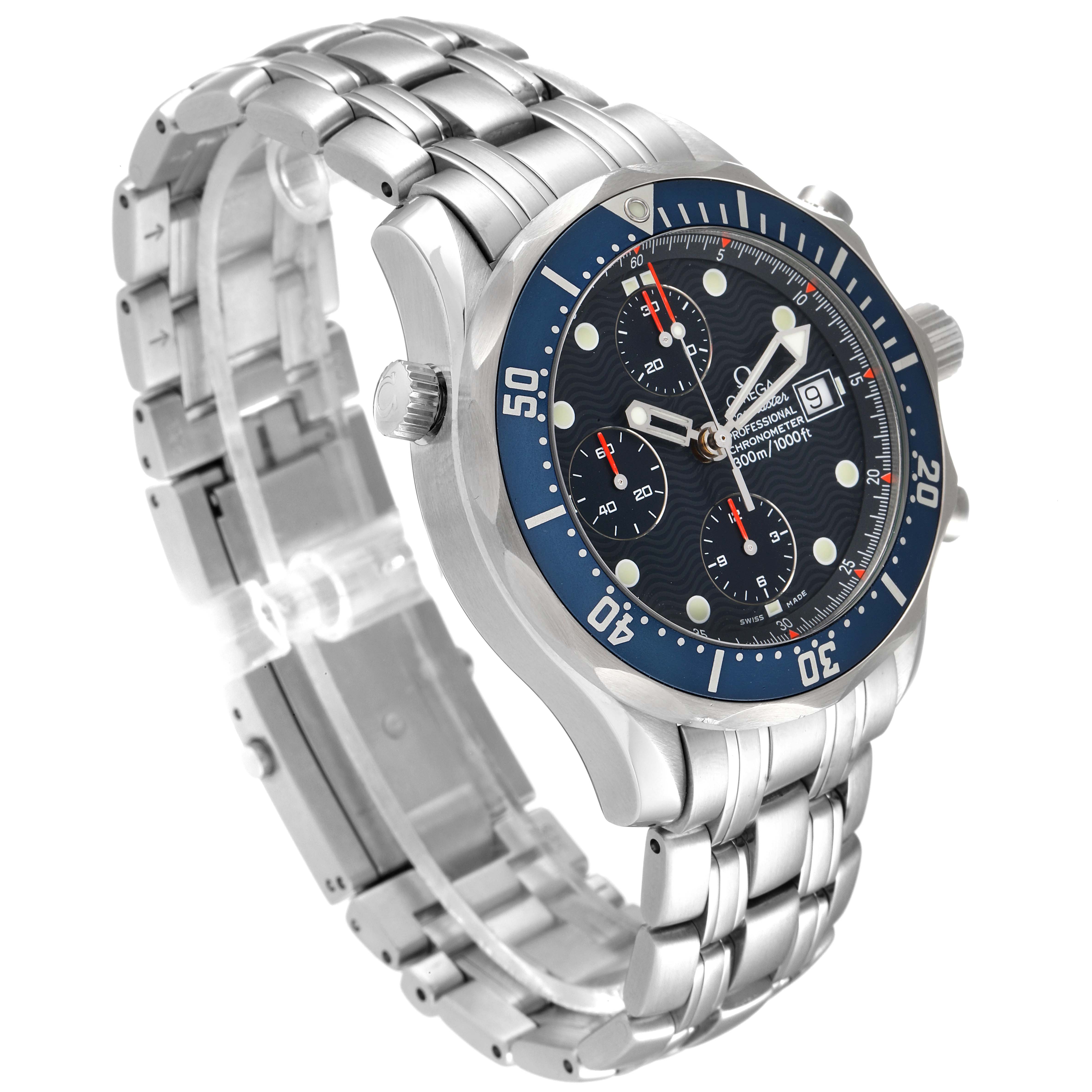 The Omega Seamaster 2599.80.00 Men's Stainless Steel Blue Dial 2599.80.00 Men's Stainless Steel Blue Dial watch is shown from an angled side view, displaying its face, dials, bezel, and metal bracelet.