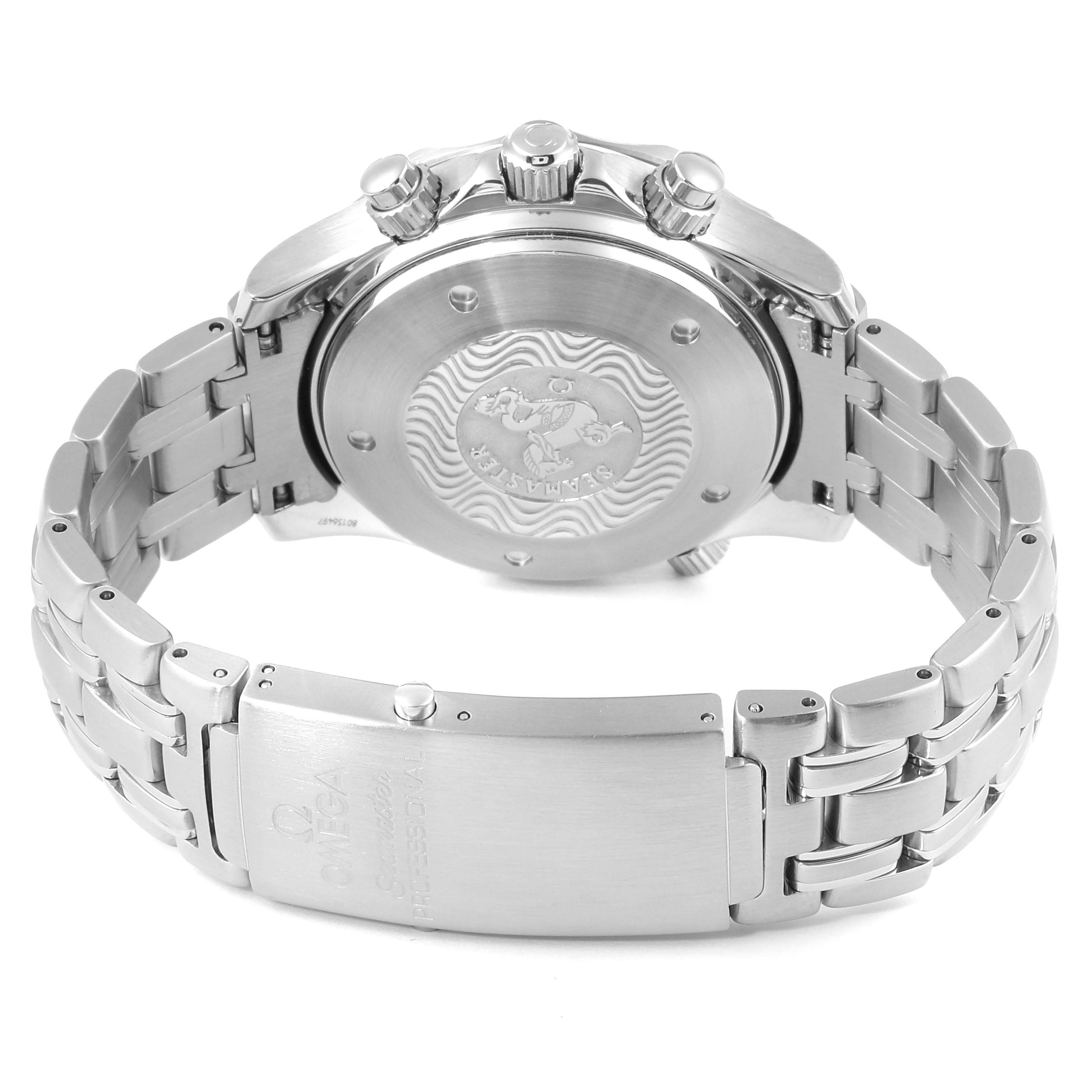 The image shows the back and bracelet of an Omega Seamaster 2599.80.00 Men
s Stainless Steel Blue Dial 2599.80.00 Men
s Stainless Steel Blue Dial watch from a rear angle, highlighting the clasp and case back.