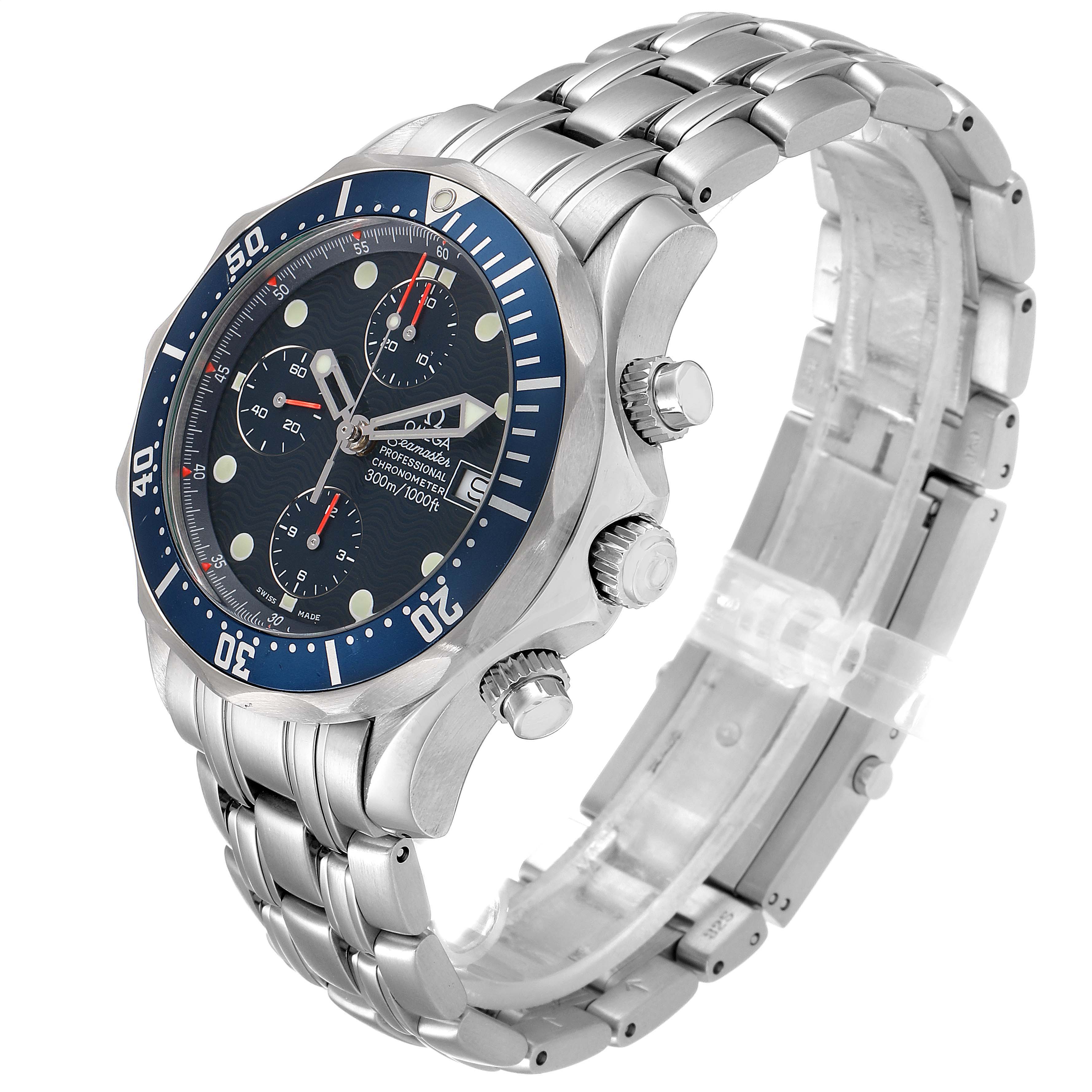 This Omega Seamaster 2599.80.00 Men
s Stainless Steel Blue Dial 2599.80.00 Men
s Stainless Steel Blue Dial watch is shown from a three-quarter side angle, featuring the dial, bezel, crown, pushers, and bracelet.
