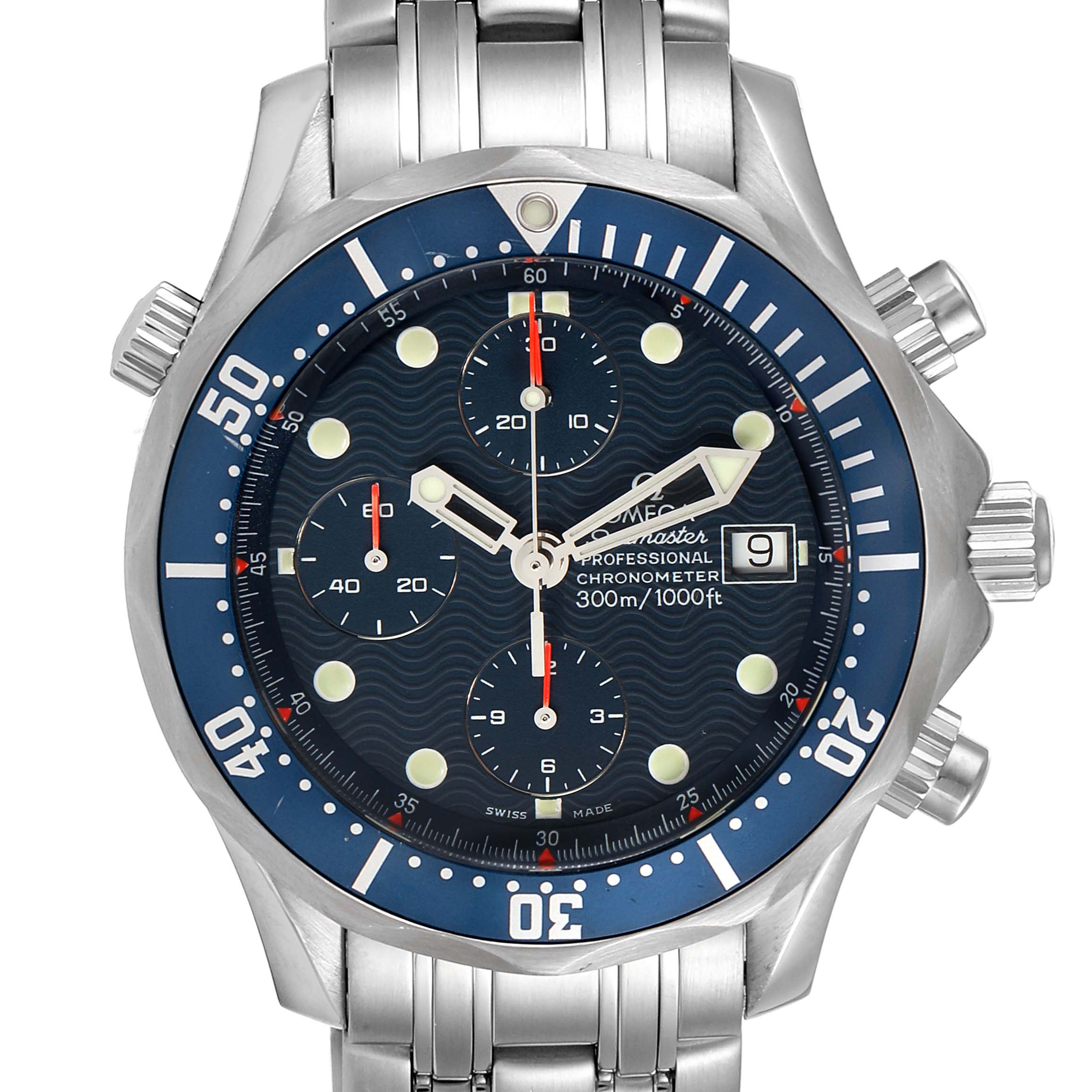 The image shows a front-angle view of an Omega Seamaster 2599.80.00 Men
s Stainless Steel Blue Dial 2599.80.00 Men
s Stainless Steel Blue Dial watch, displaying its dial, bezel, and bracelet.