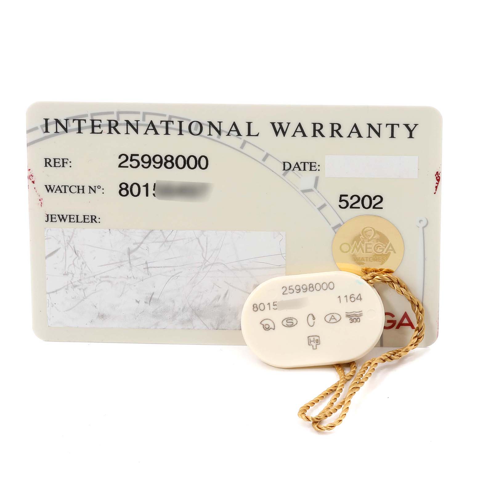 The image shows the warranty card and tag for an Omega Seamaster 2599.80.00 Men
s Stainless Steel Blue Dial 2599.80.00 Men
s Stainless Steel Blue Dial watch, displaying the reference number and other details.