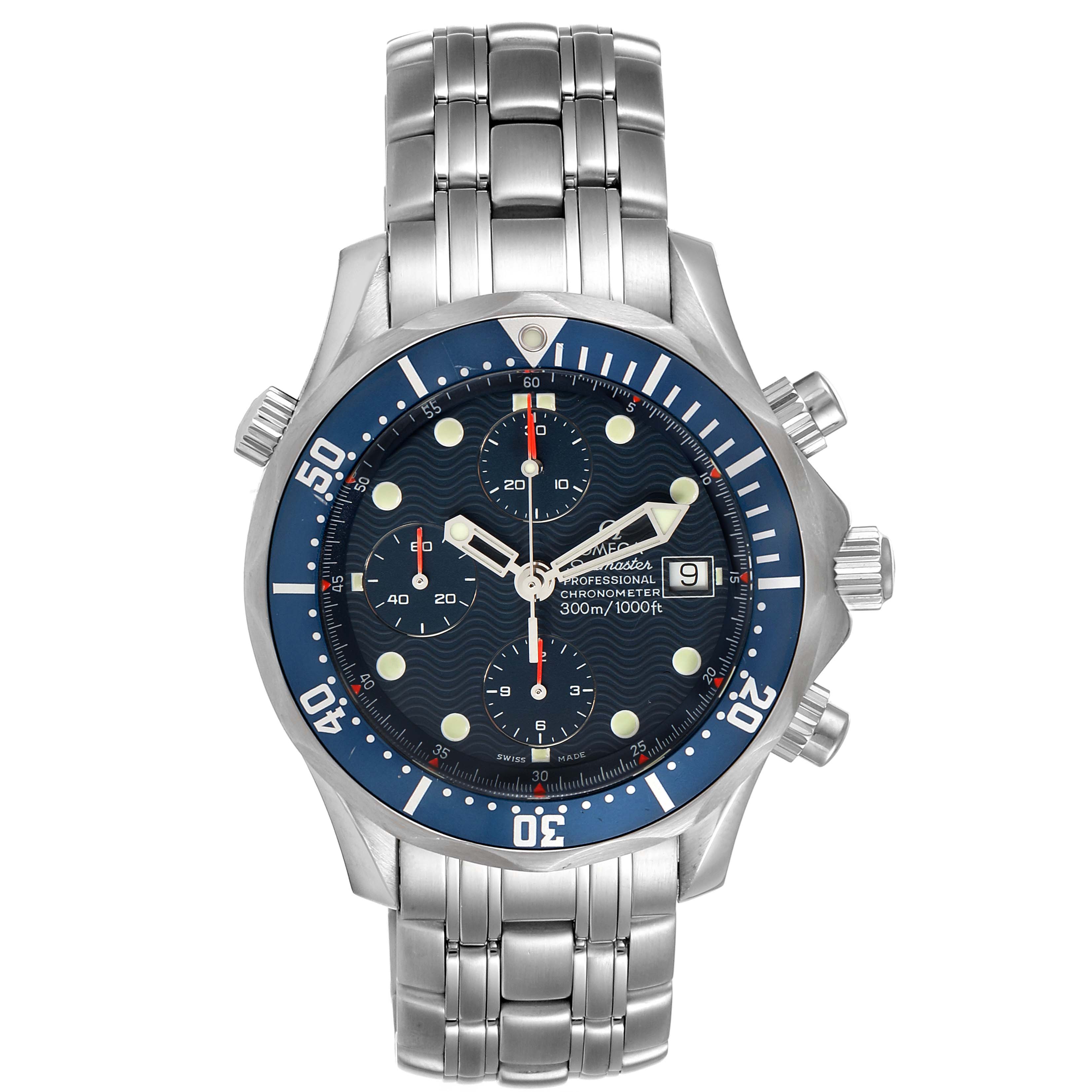 The Omega Seamaster 2599.80.00 Men
s Stainless Steel Blue Dial 2599.80.00 Men
s Stainless Steel Blue Dial watch is shown from the front, displaying the dial, bezel, crown, chronograph buttons, and steel bracelet.