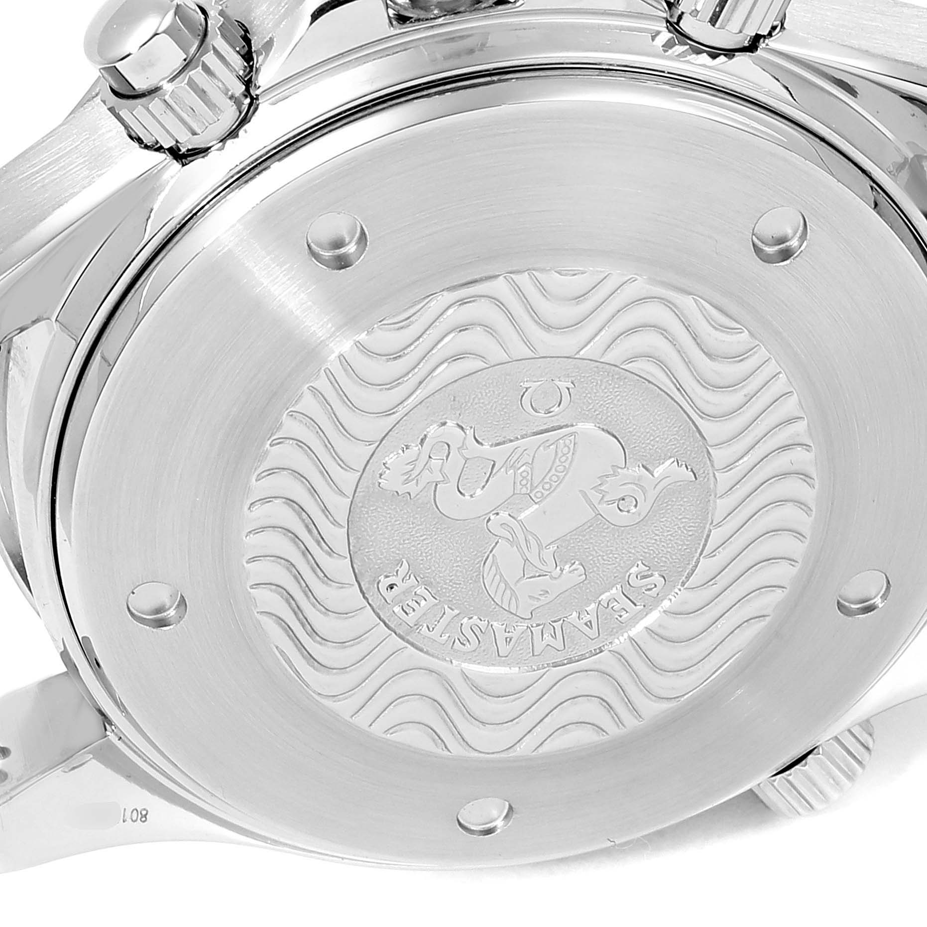 The image shows the back case of an Omega Seamaster 2599.80.00 Men
s Stainless Steel Blue Dial 2599.80.00 Men
s Stainless Steel Blue Dial watch with detailed engraving and logos.