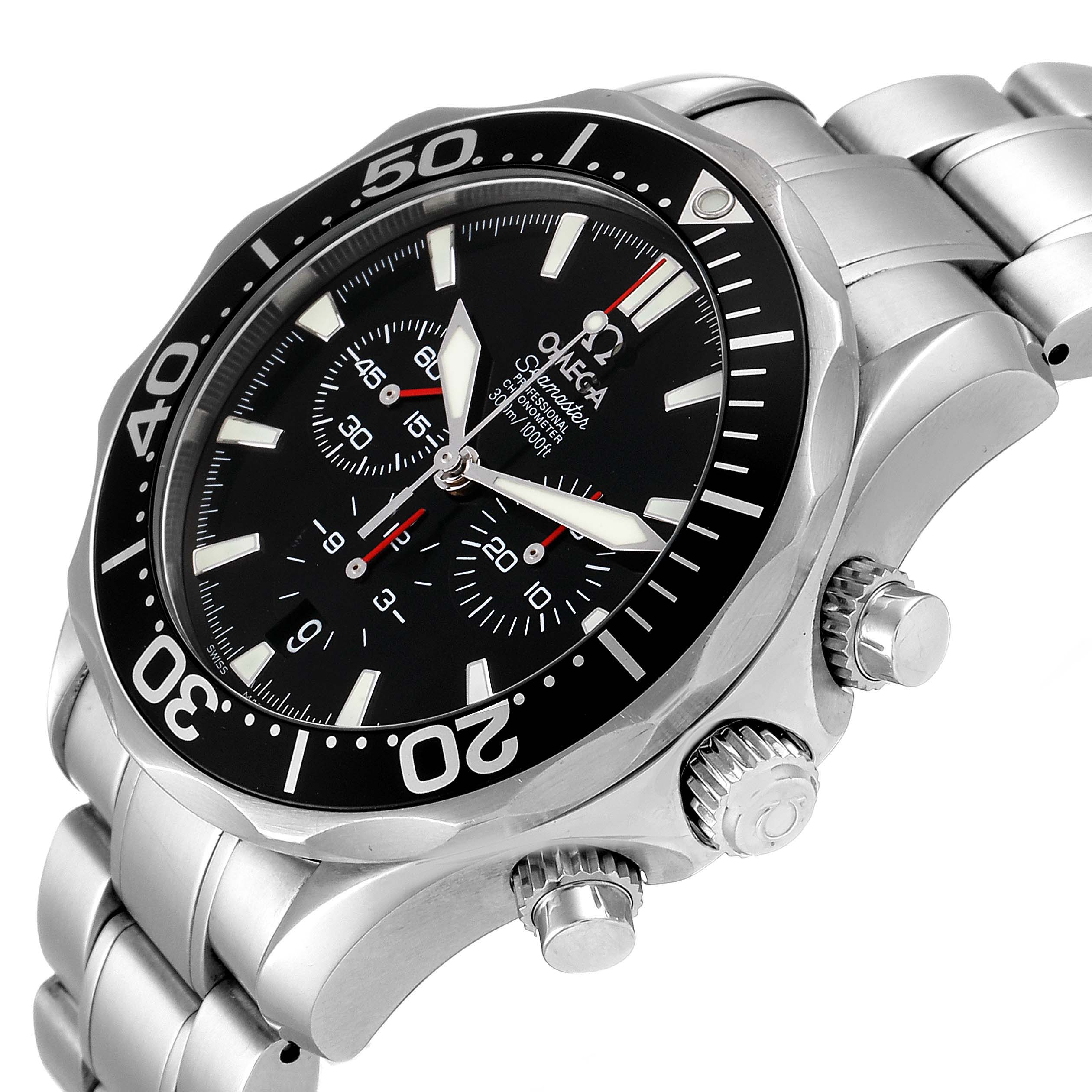 The Omega Seamaster 2594.52.00 Men's Stainless Steel Black Dial 2594.52.00 Men's Stainless Steel Black Dial is shown at a three-quarter angle, highlighting its dial, bezel, and crown.