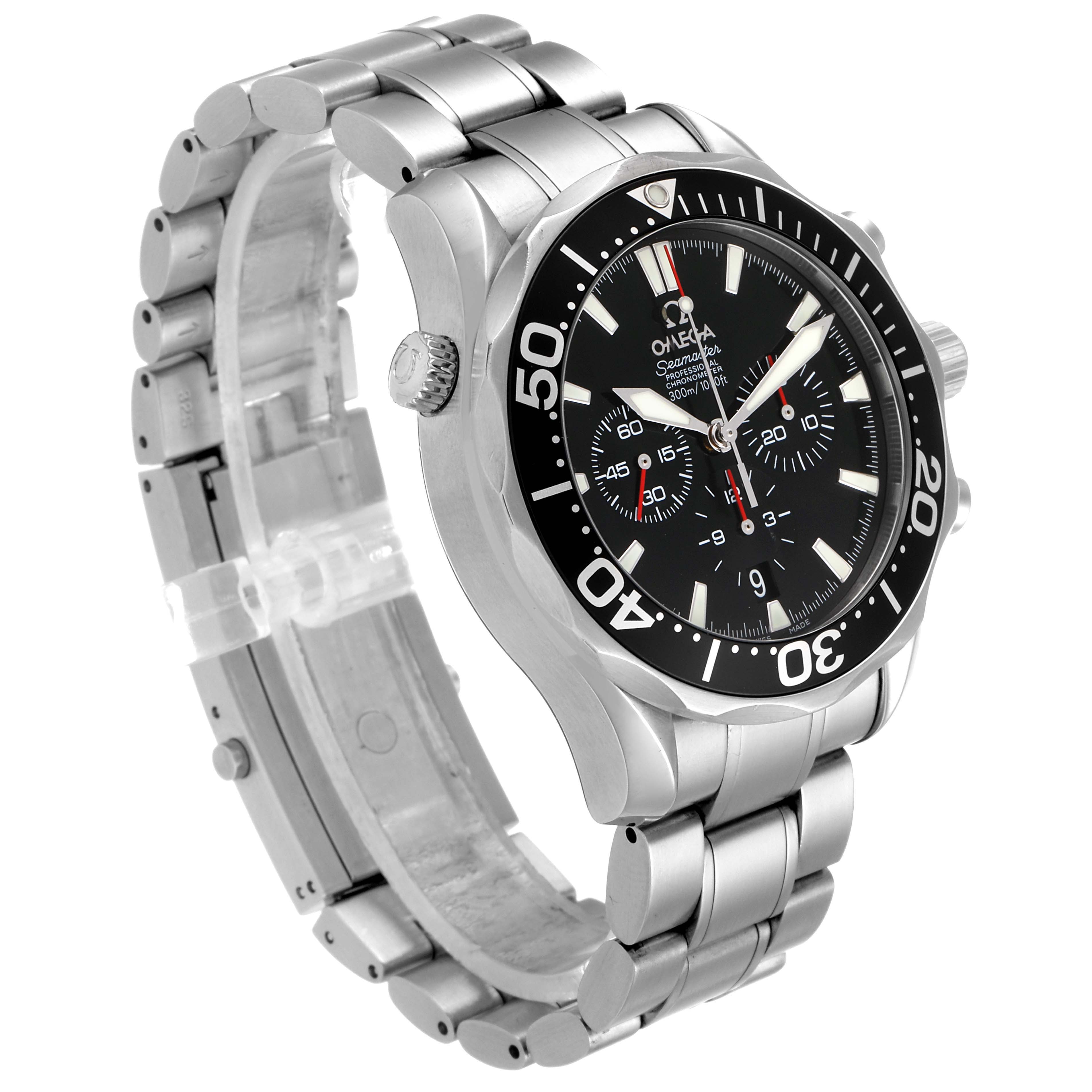 The Omega Seamaster 2594.52.00 Men's Stainless Steel Black Dial 2594.52.00 Men's Stainless Steel Black Dial watch is shown at a three-quarter angle, displaying its black dial, bezel, and stainless steel bracelet.